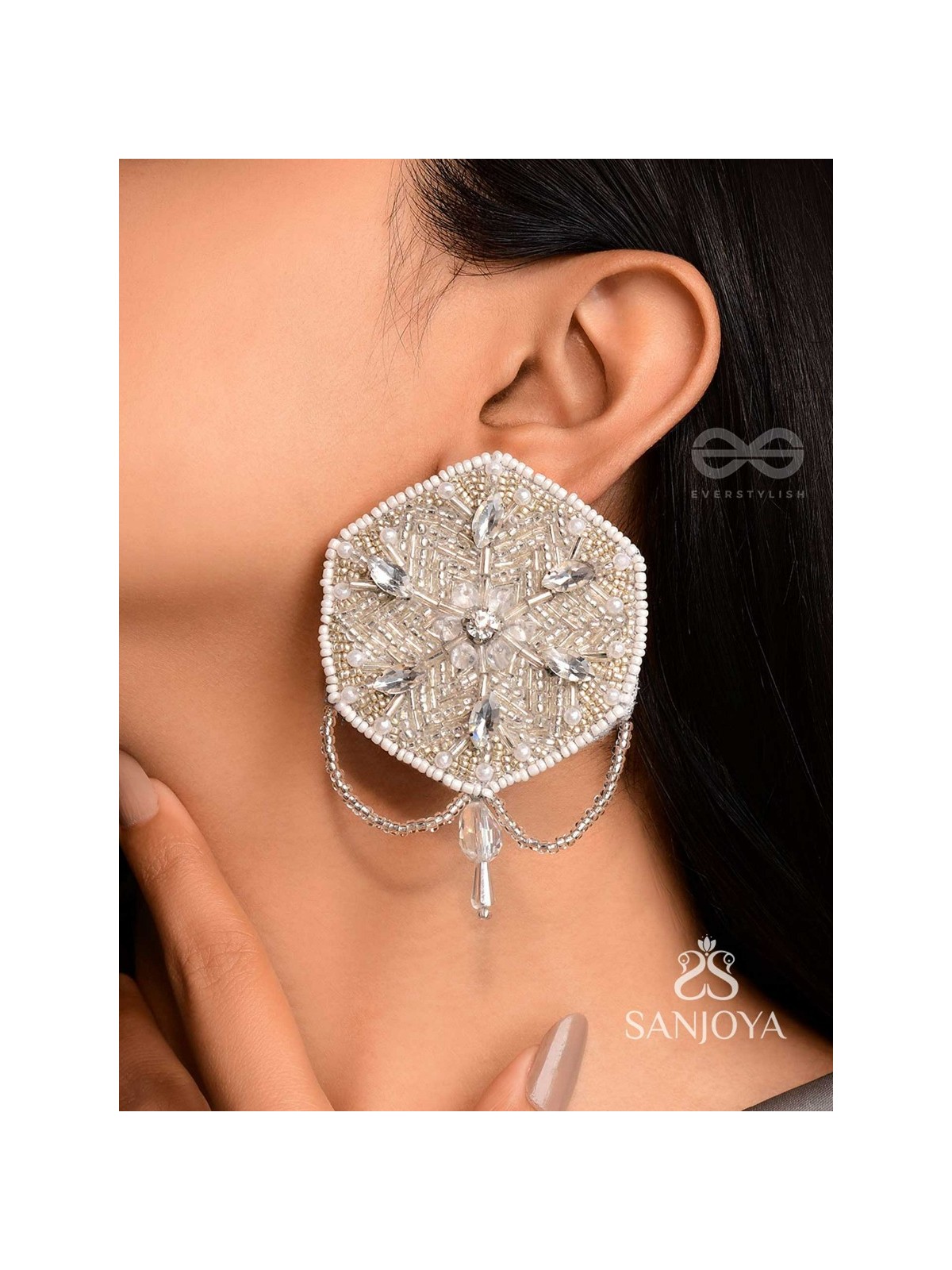 Tuhina- The Pristine Snowflake- Stones and Beads Embroidered Earrings