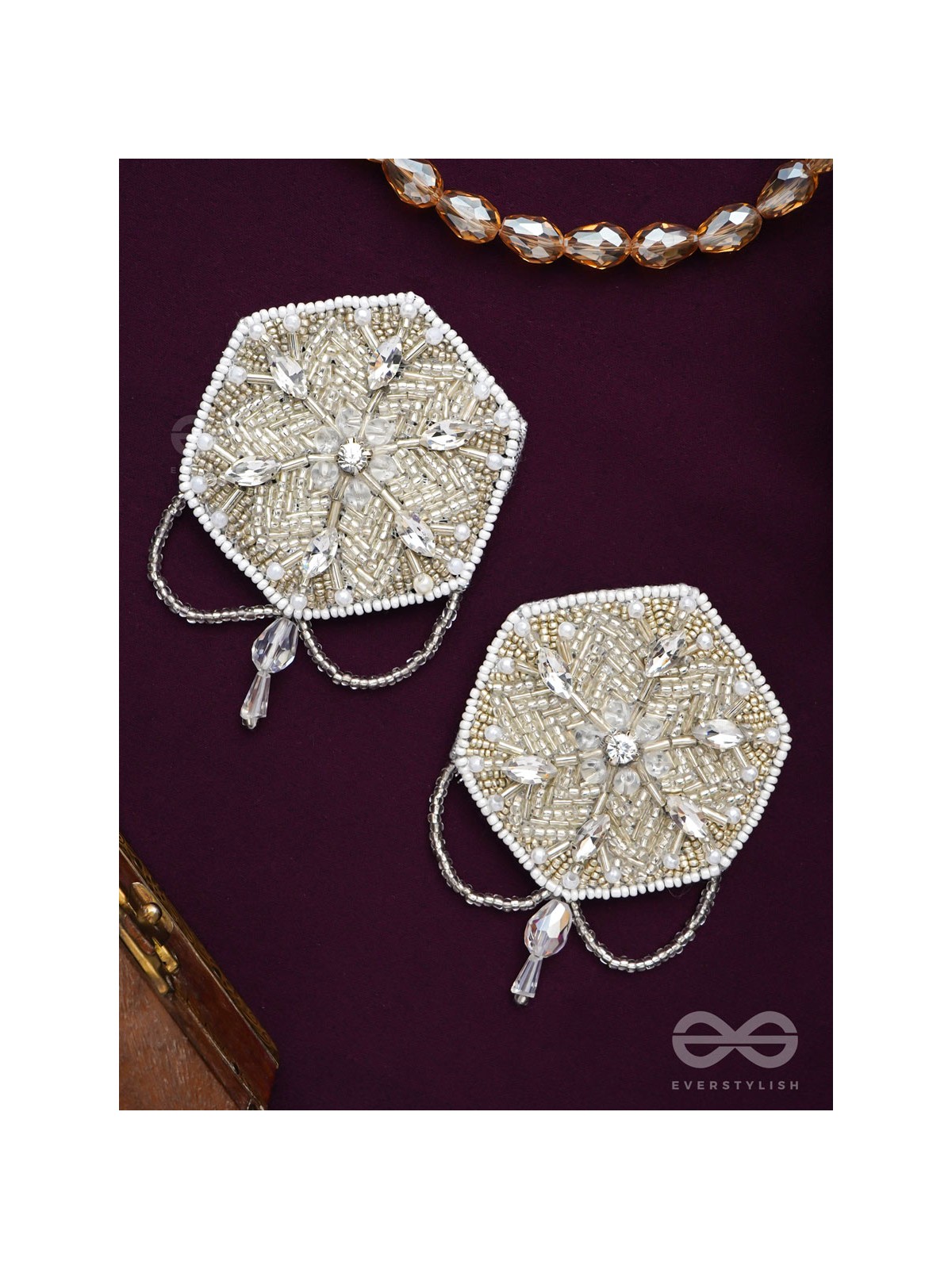 Tuhina- The Pristine Snowflake- Stones and Beads Embroidered Earrings