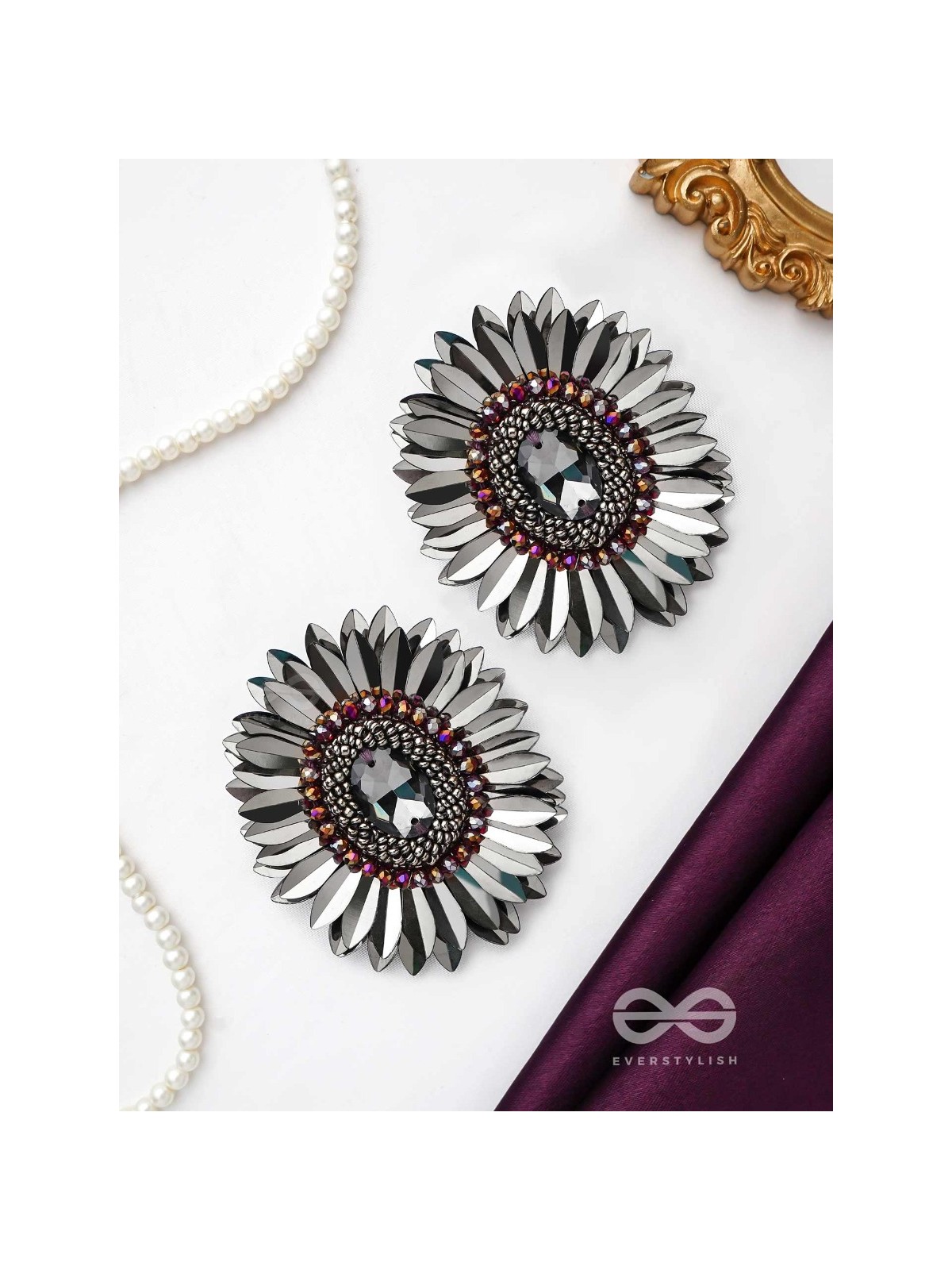 Aartava- the Black Flower- Glass Beads and Sequins Embroidered Earrings