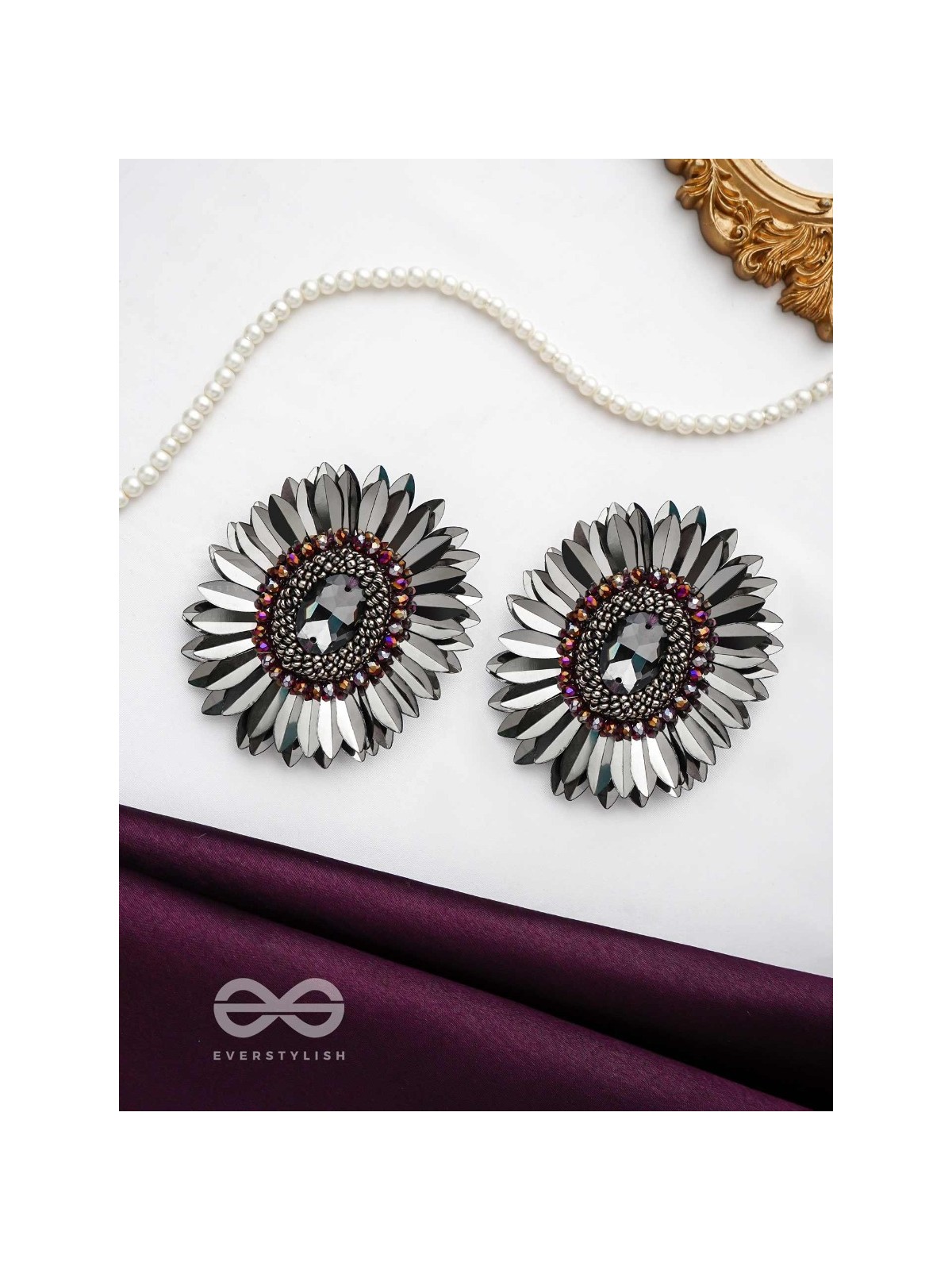 Aartava- the Black Flower- Glass Beads and Sequins Embroidered Earrings