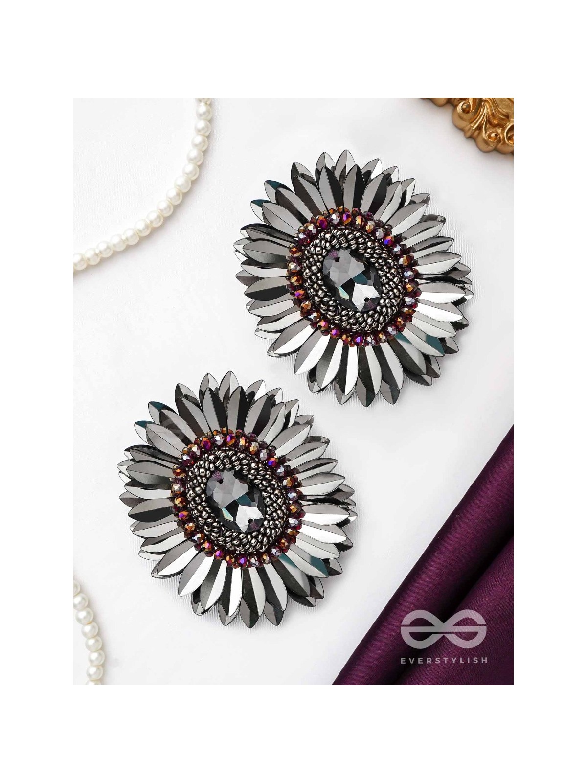 Aartava- the Black Flower- Glass Beads and Sequins Embroidered Earrings