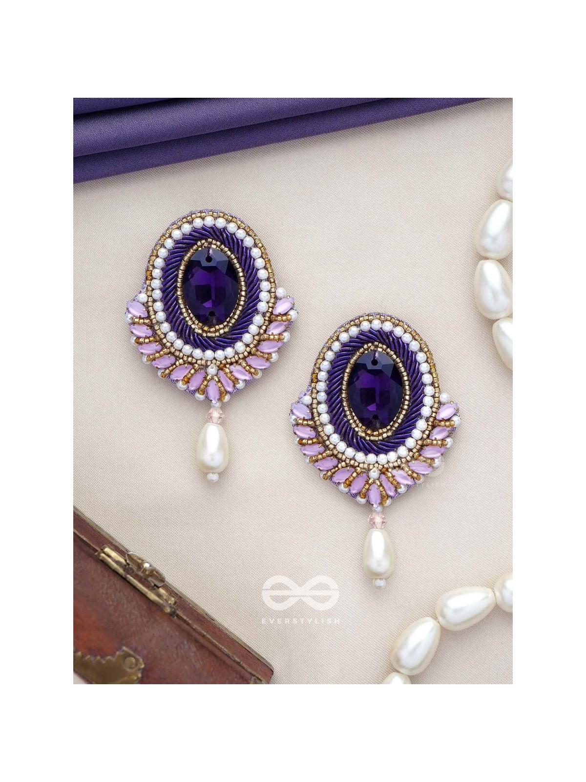 Vilohita - The Purple Elegance - Stones, Dabka And Pearl Drop Hand Embroidered Earrings