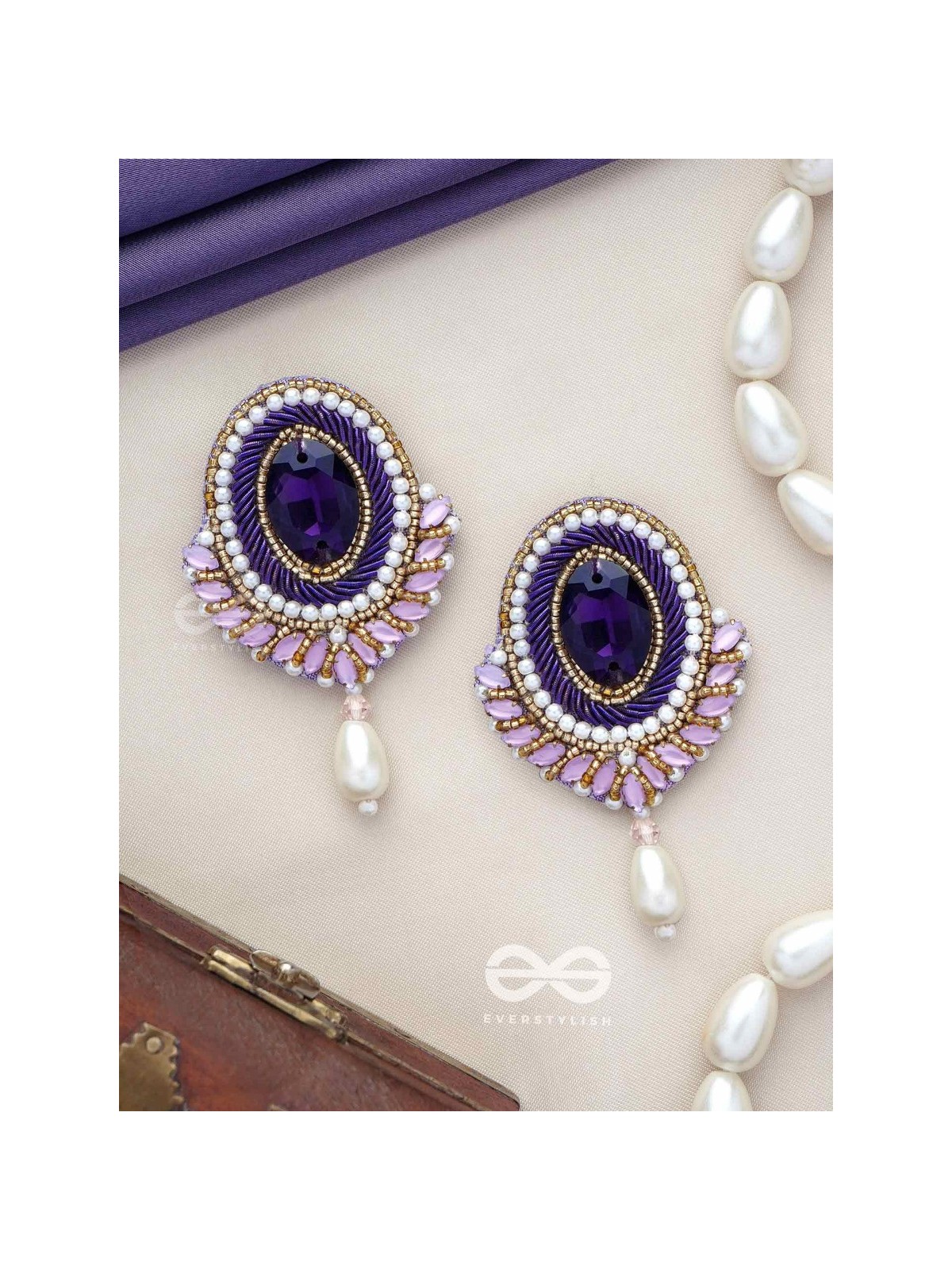 Vilohita - The Purple Elegance - Stones, Dabka And Pearl Drop Hand Embroidered Earrings