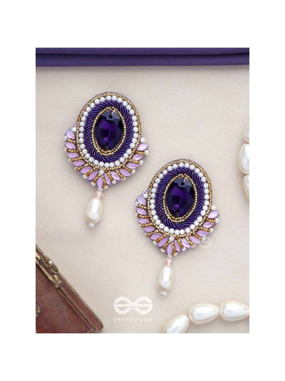 Vilohita - The Purple Elegance - Stones, Dabka And Pearl Drop Hand Embroidered Earrings