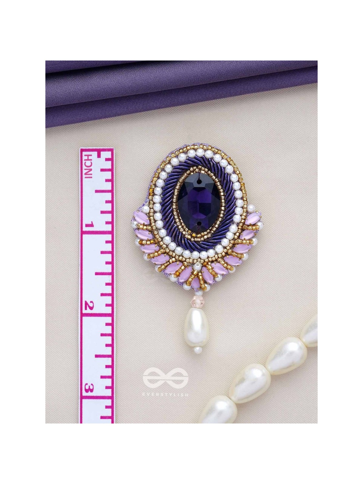 Vilohita - The Purple Elegance - Stones, Dabka And Pearl Drop Hand Embroidered Earrings