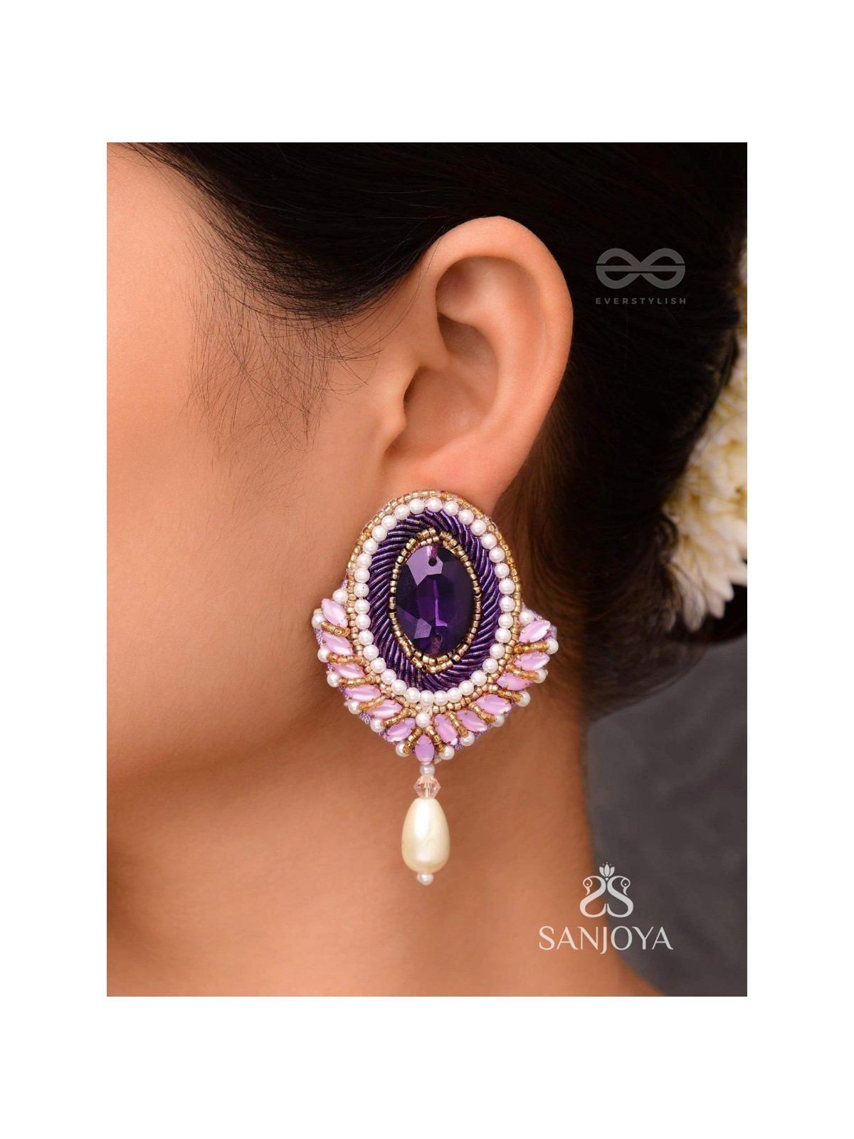Vilohita - The Purple Elegance - Stones, Dabka And Pearl Drop Hand Embroidered Earrings