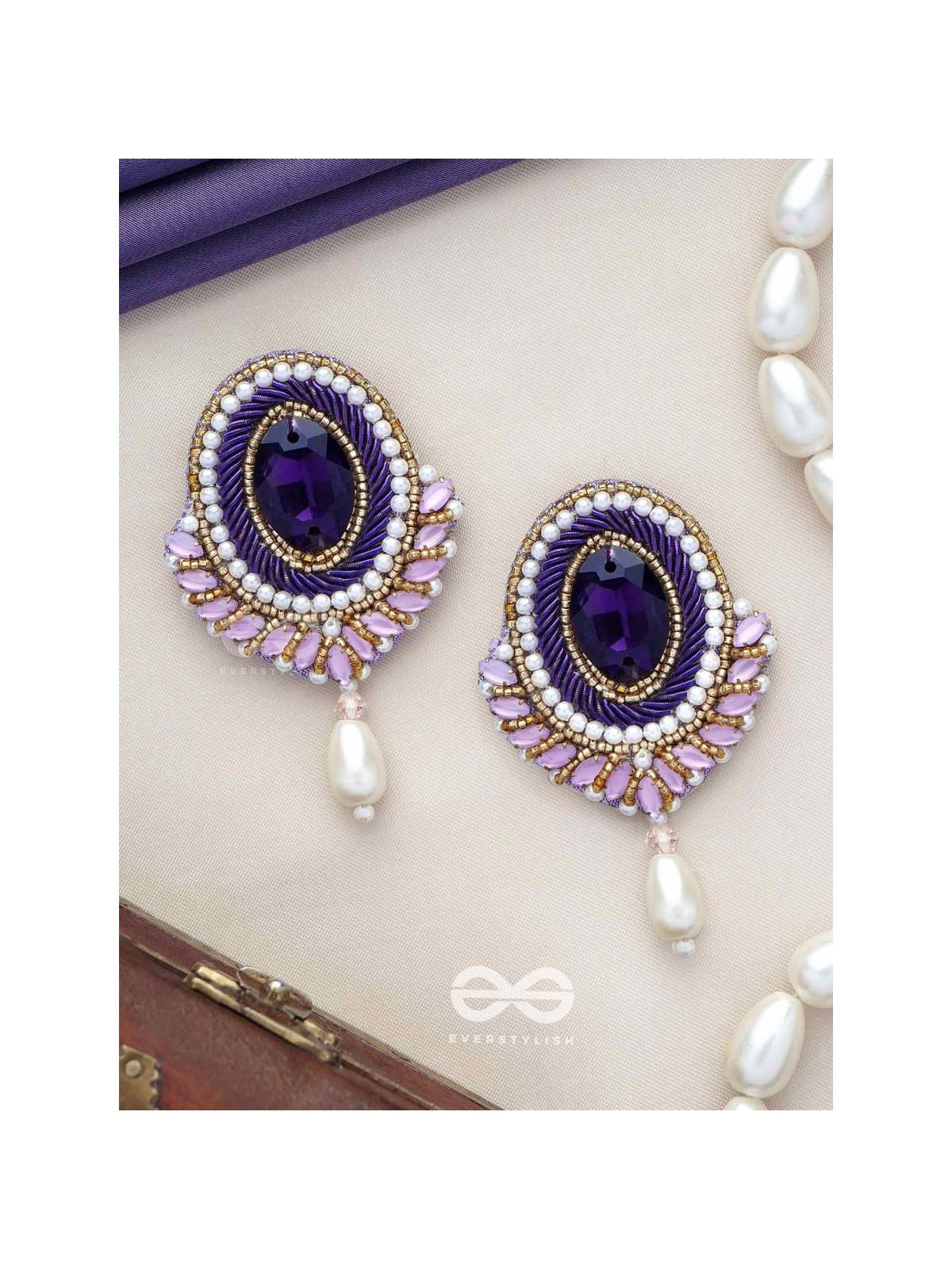 Vilohita - The Purple Elegance - Stones, Dabka And Pearl Drop Hand Embroidered Earrings