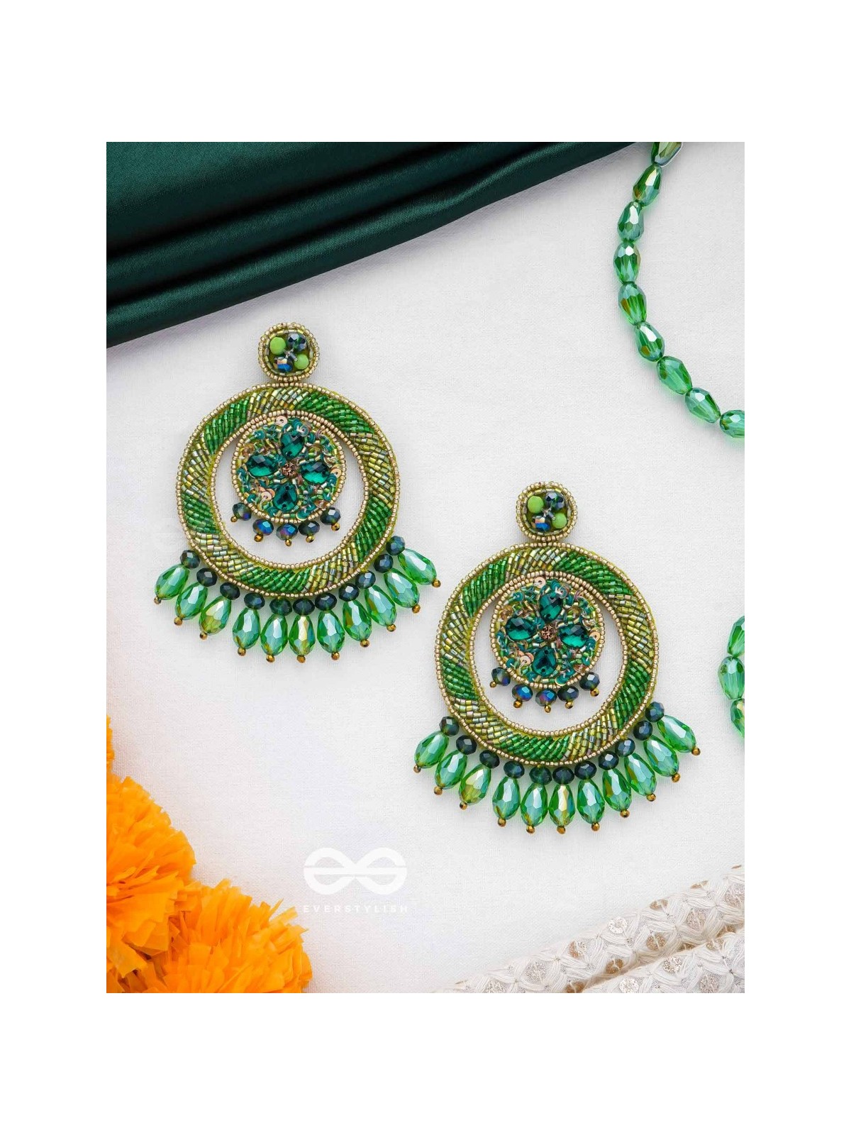 Sauparna- The Elegant Emerald- Stones and Glass Drops Embroidered Earrings