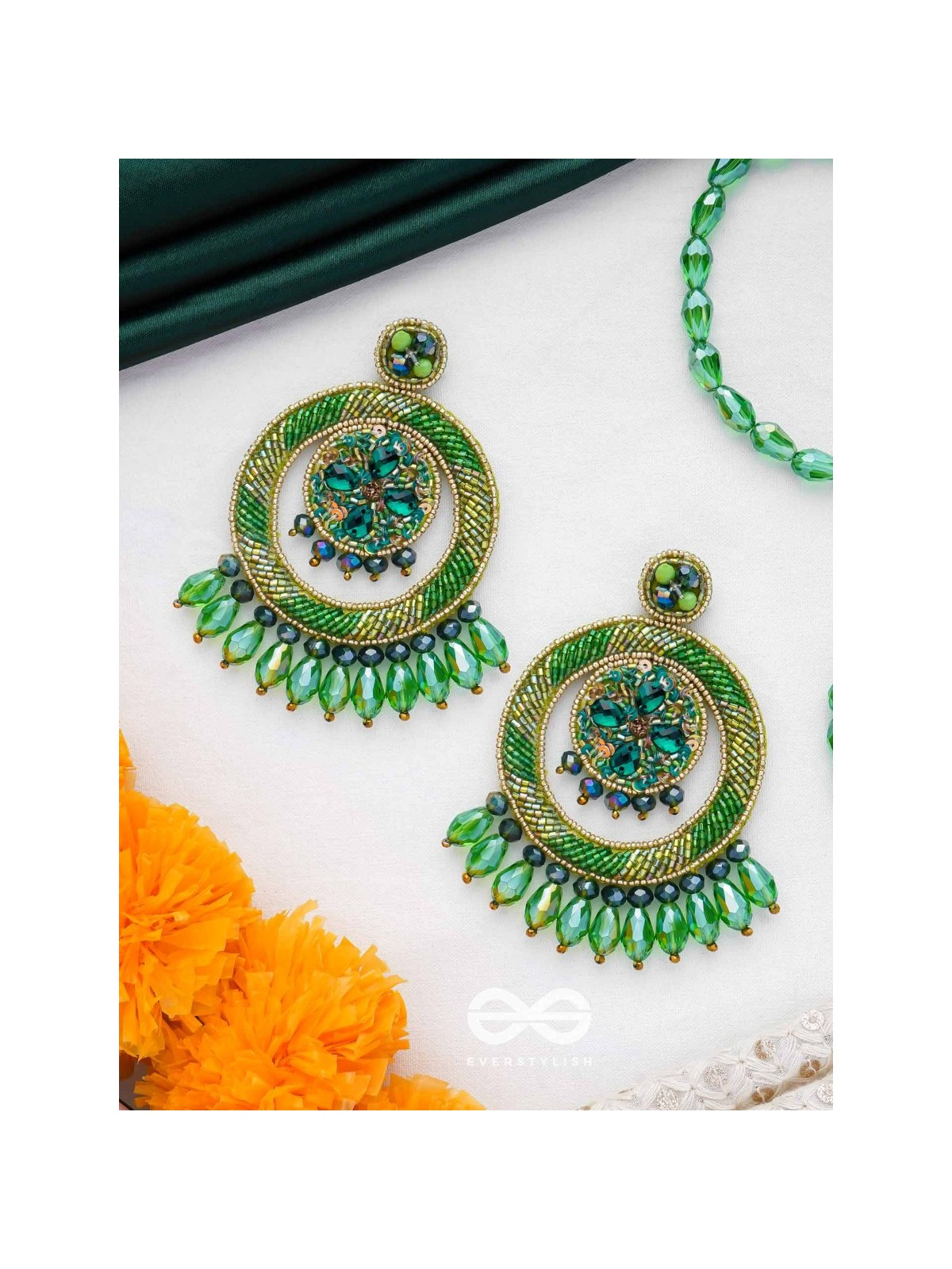 Sauparna- The Elegant Emerald- Stones and Glass Drops Embroidered Earrings