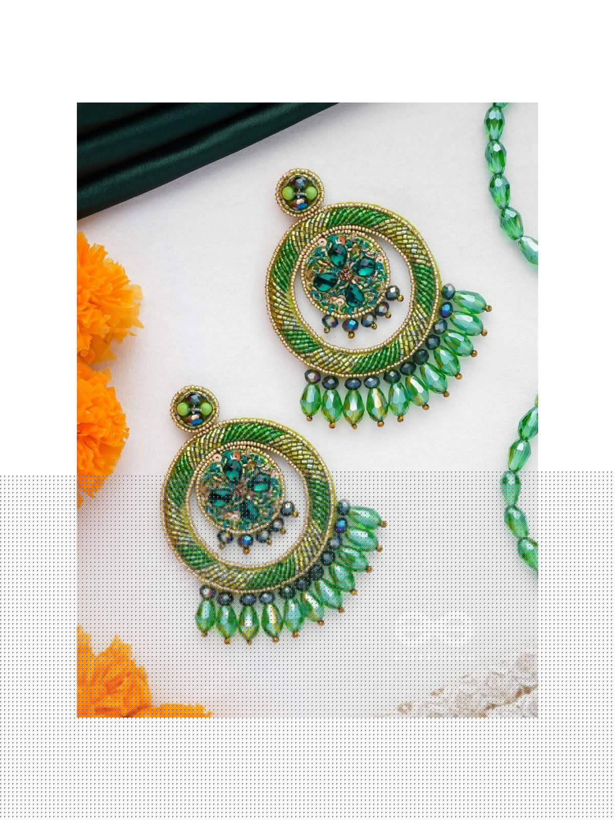 Sauparna- The Elegant Emerald- Stones and Glass Drops Embroidered Earrings