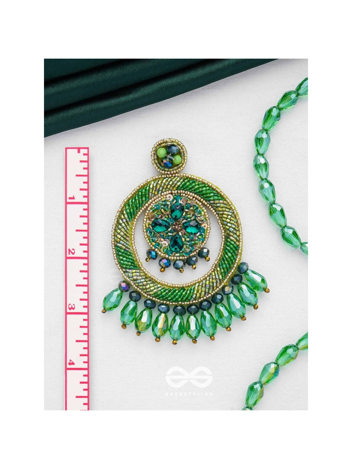 Sauparna- The Elegant Emerald- Stones and Glass Drops Embroidered Earrings