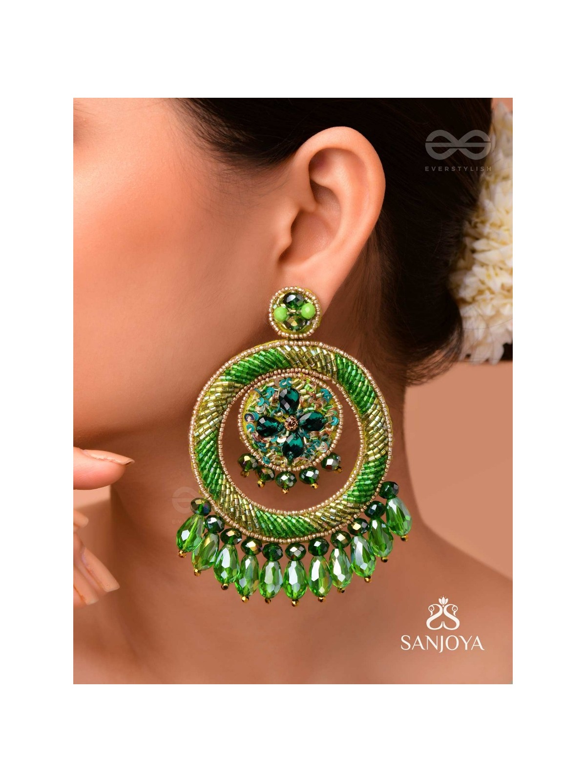 Sauparna- The Elegant Emerald- Stones and Glass Drops Embroidered Earrings