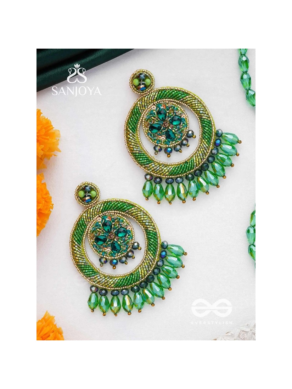 Sauparna- The Elegant Emerald- Stones and Glass Drops Embroidered Earrings