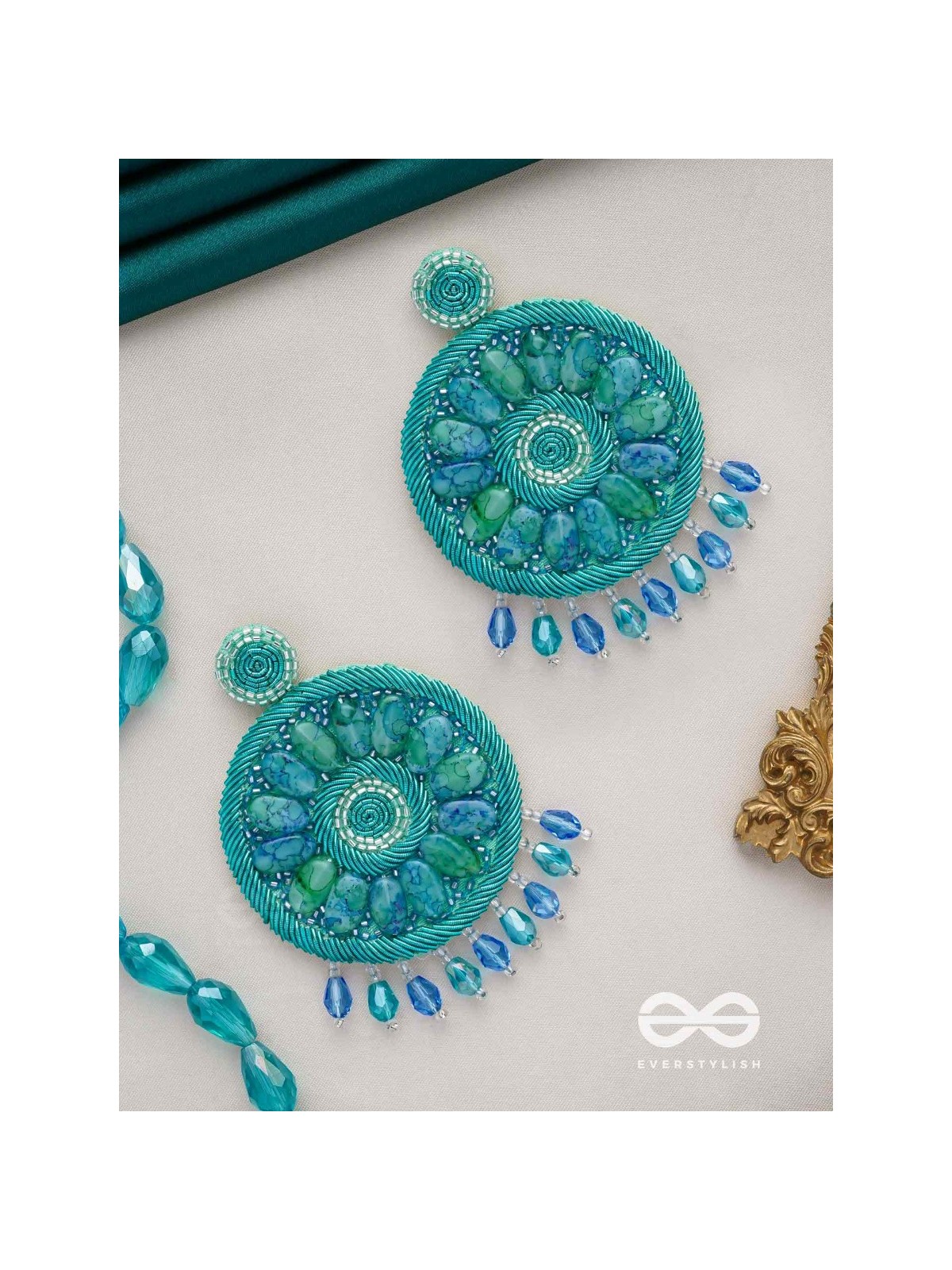 Anushna- The Blue Lotus- Stones and Glass Drops Embroidered Earrings
