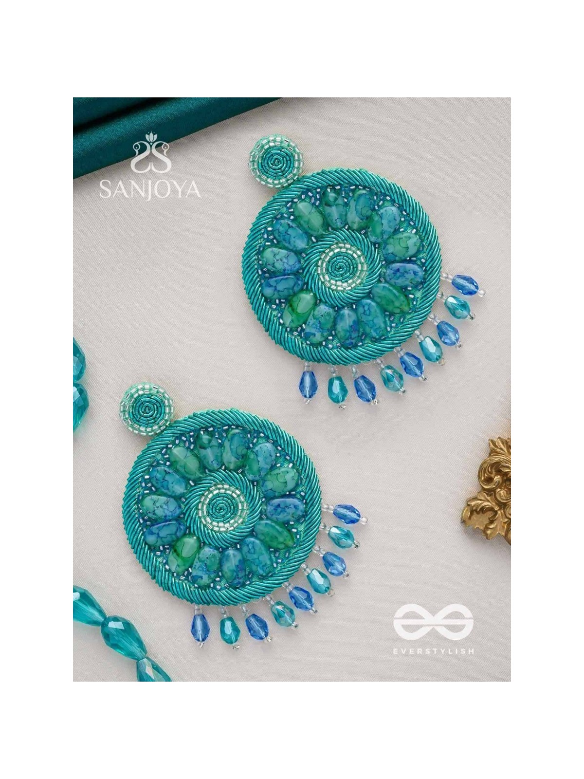 Anushna- The Blue Lotus- Stones and Glass Drops Embroidered Earrings