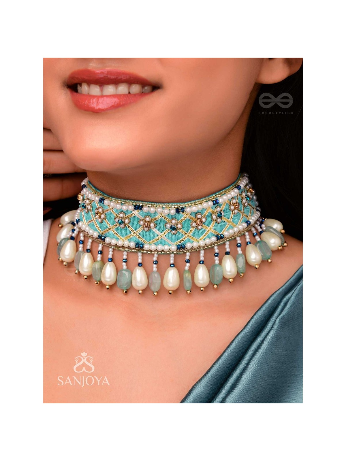 Dhrti - A Mythical Shore - Pearls And Beads Hand Embroidered Choker Necklace