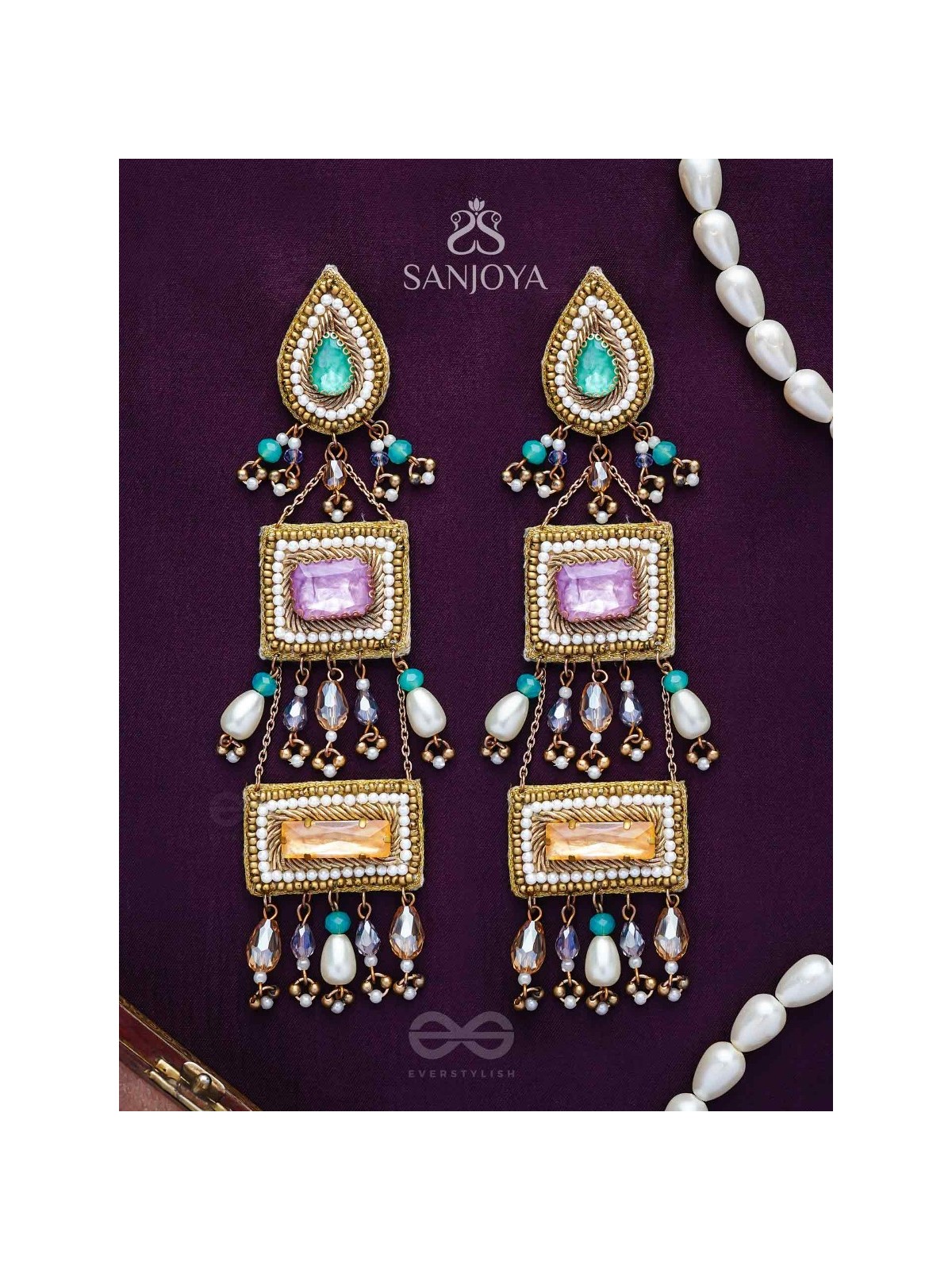 Vayuna- The Exquisite Temple- Stones, Pearls and Beads Embroidered Earrings
