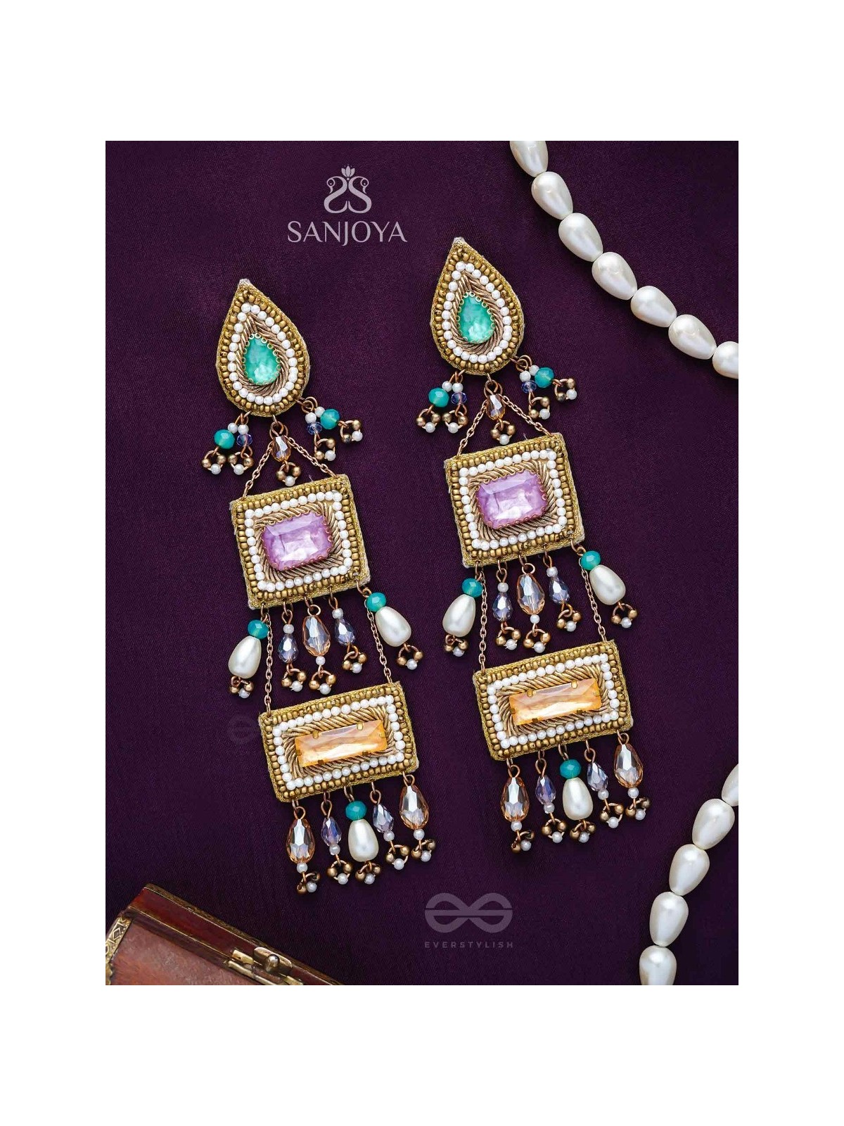 Vayuna- The Exquisite Temple- Stones, Pearls and Beads Embroidered Earrings