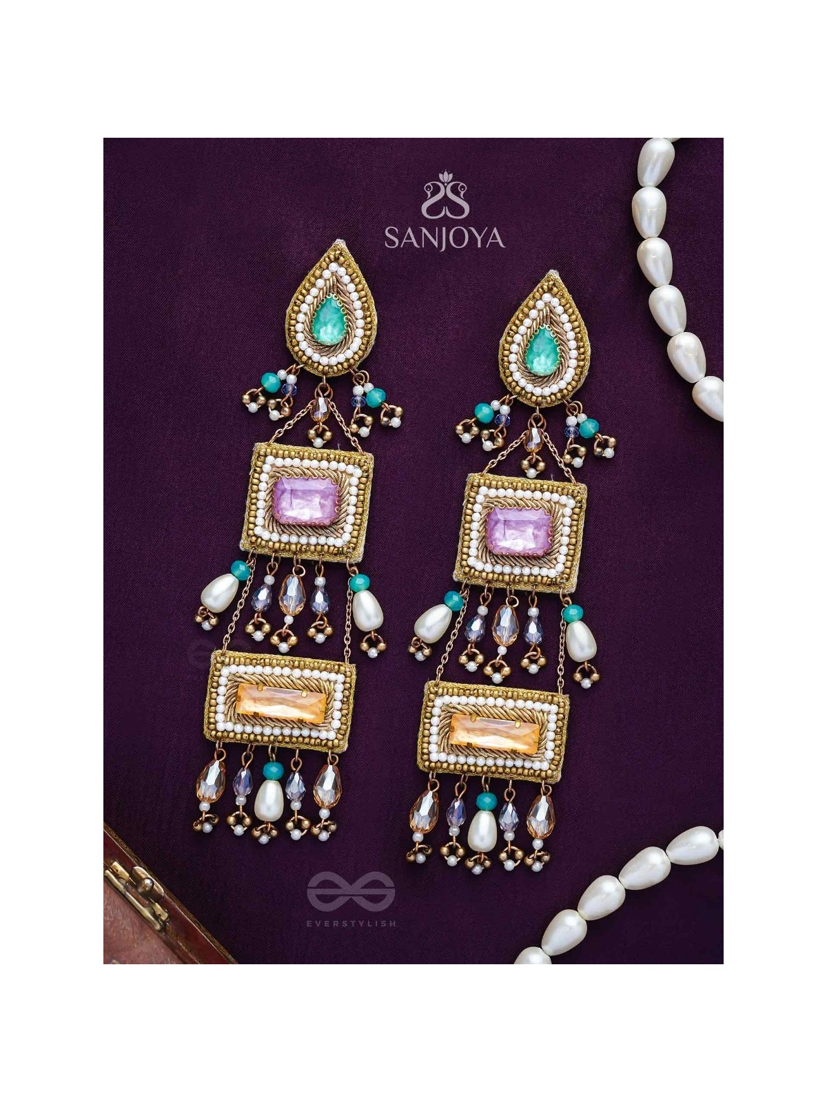 Vayuna- The Exquisite Temple- Stones, Pearls and Beads Embroidered Earrings