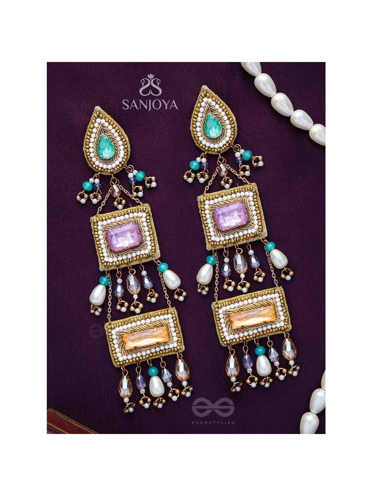 Vayuna- The Exquisite Temple- Stones, Pearls and Beads Embroidered Earrings