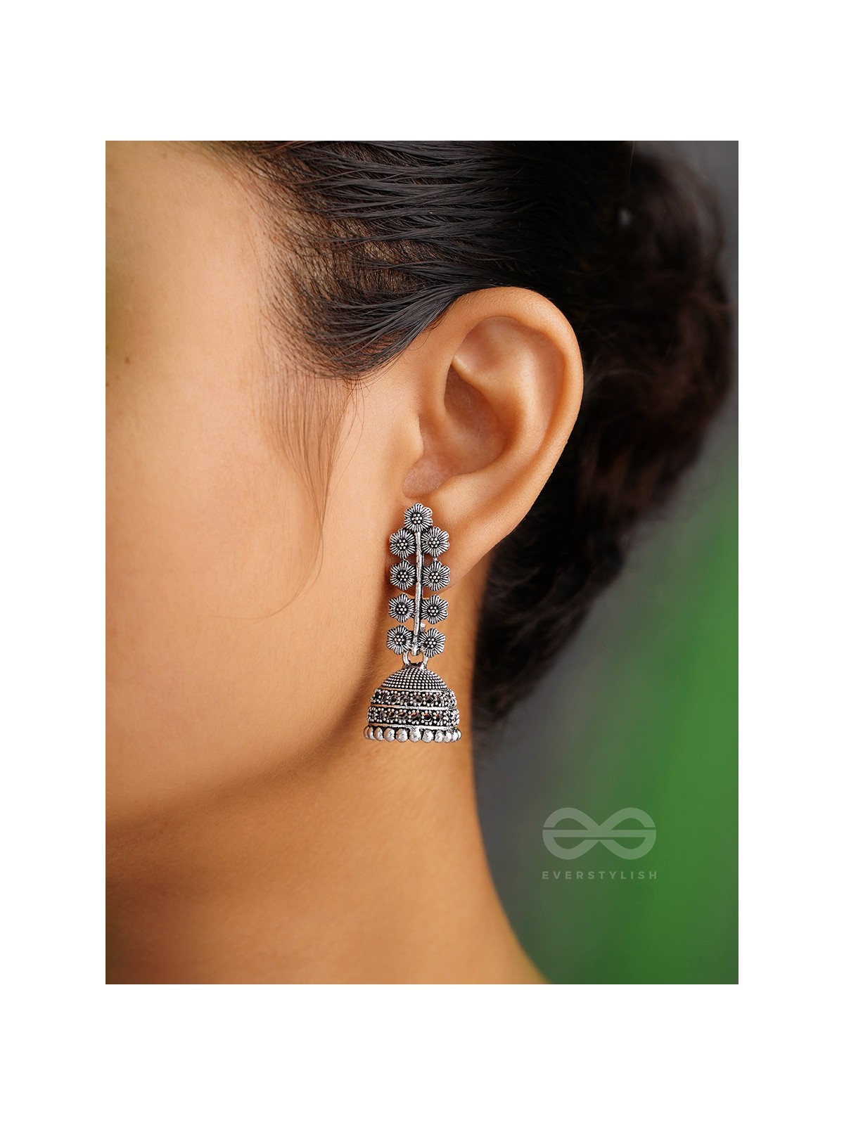 The Flower Branch- Oxidised Jhumka Earrings