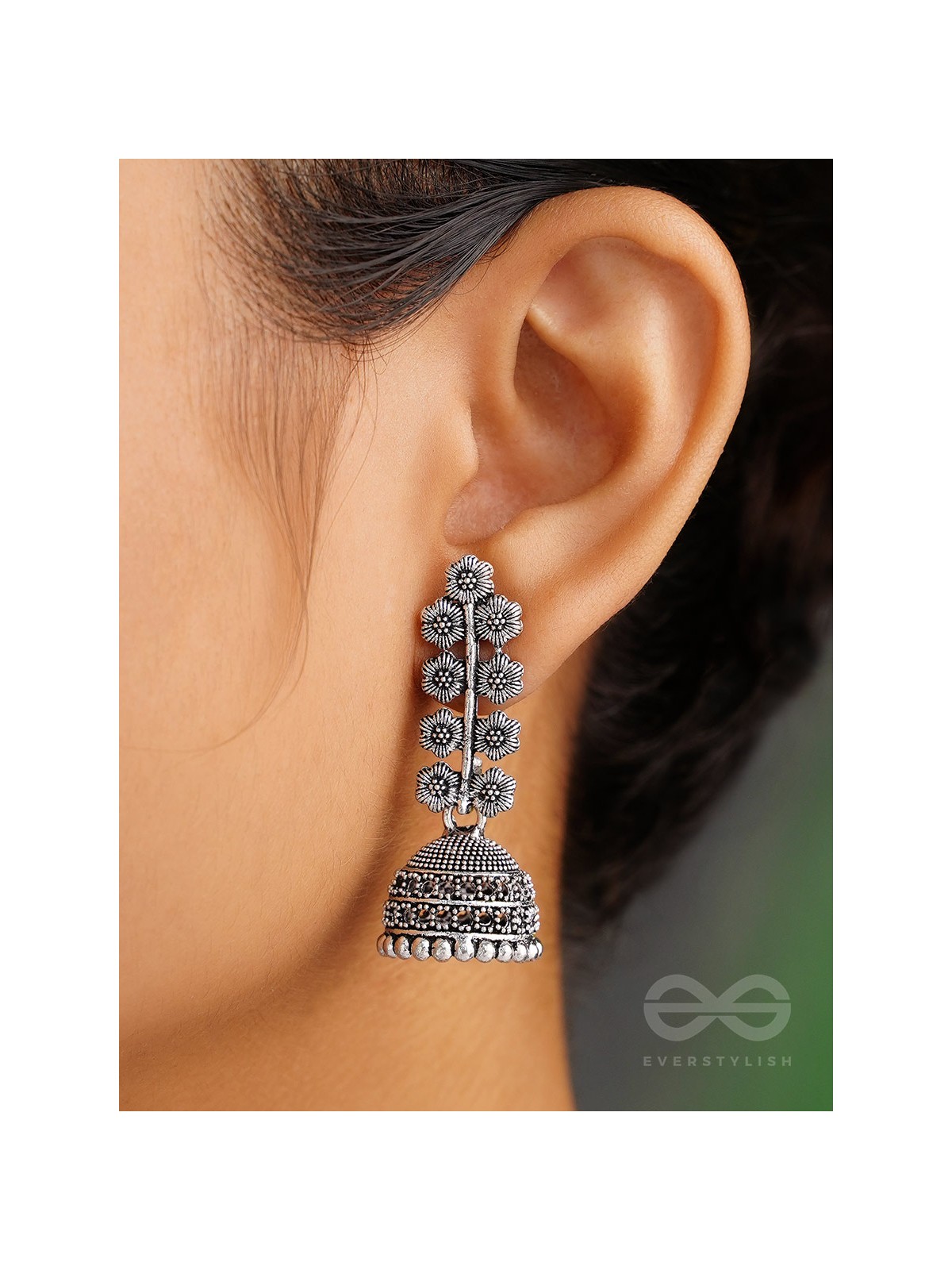 The Flower Branch- Oxidised Jhumka Earrings