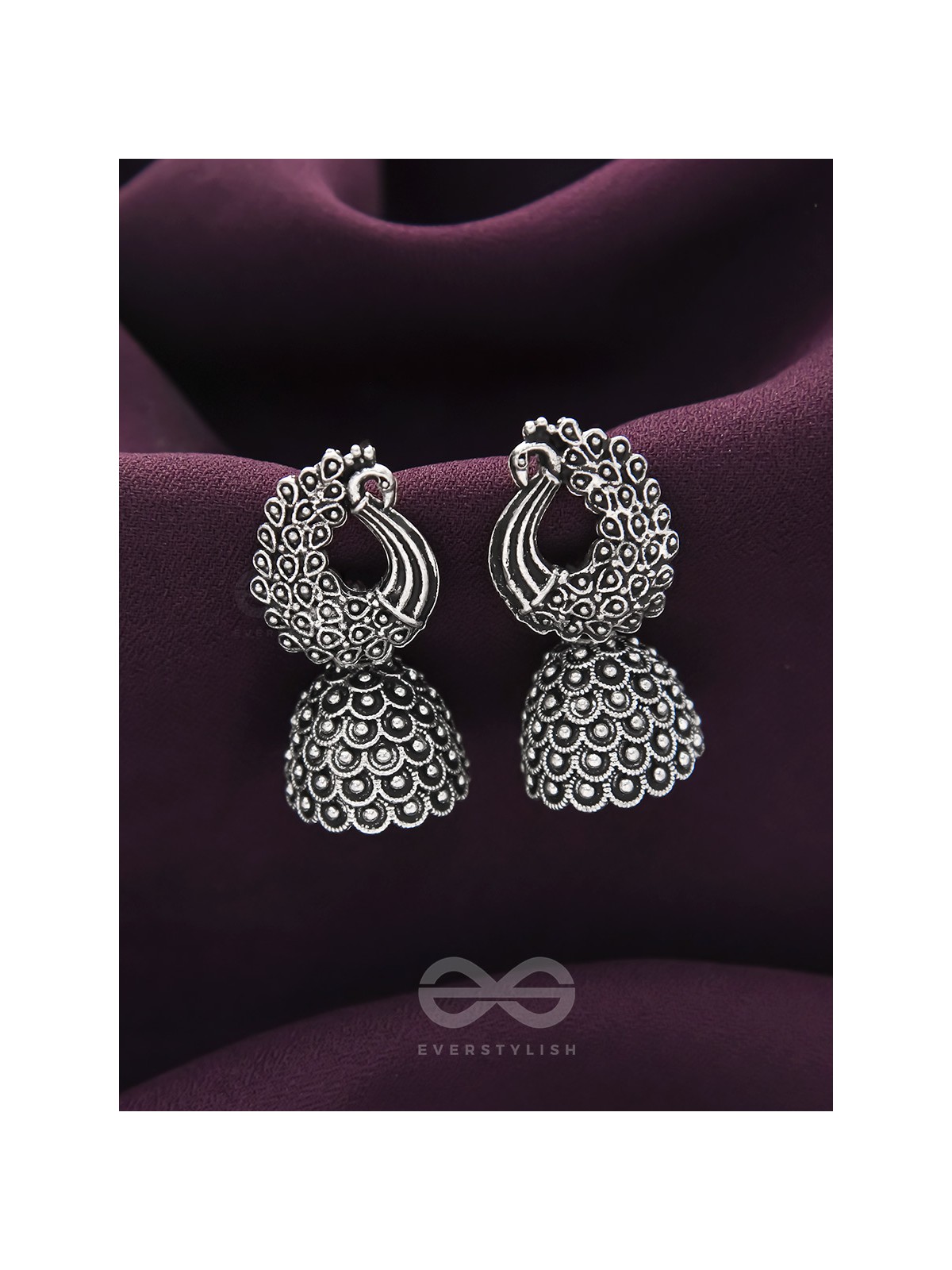 The Twirling Peacock- Oxidised Jhumka Earrings