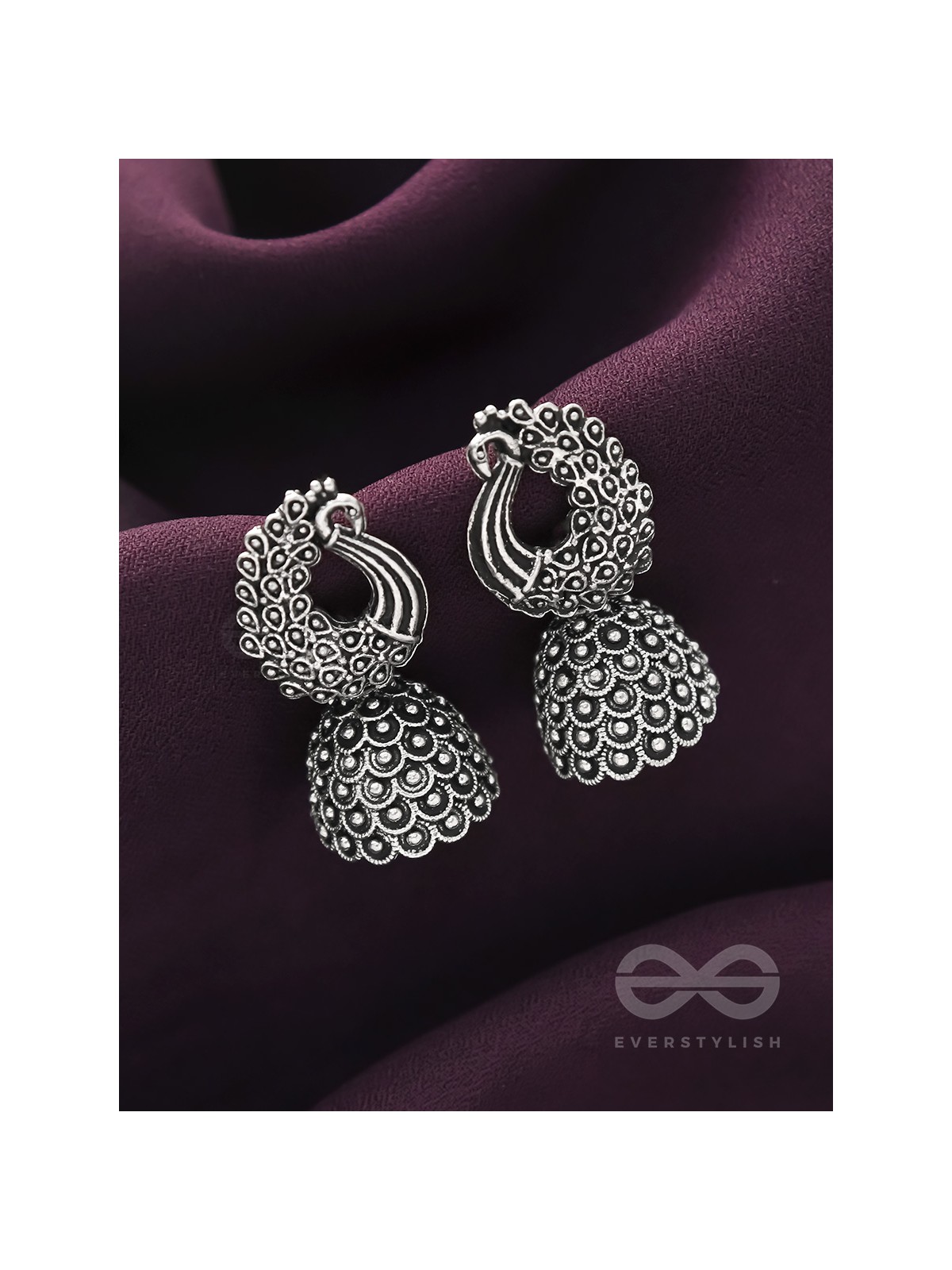 The Twirling Peacock- Oxidised Jhumka Earrings