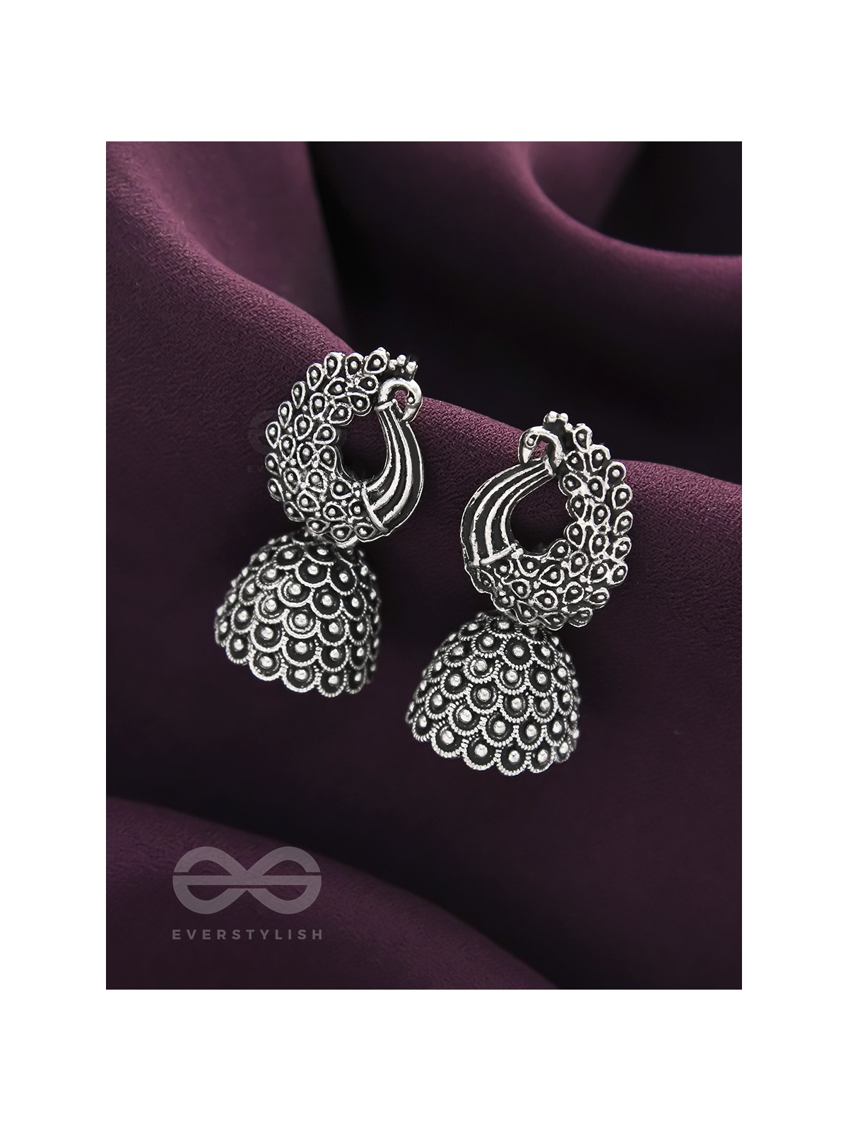 The Twirling Peacock- Oxidised Jhumka Earrings