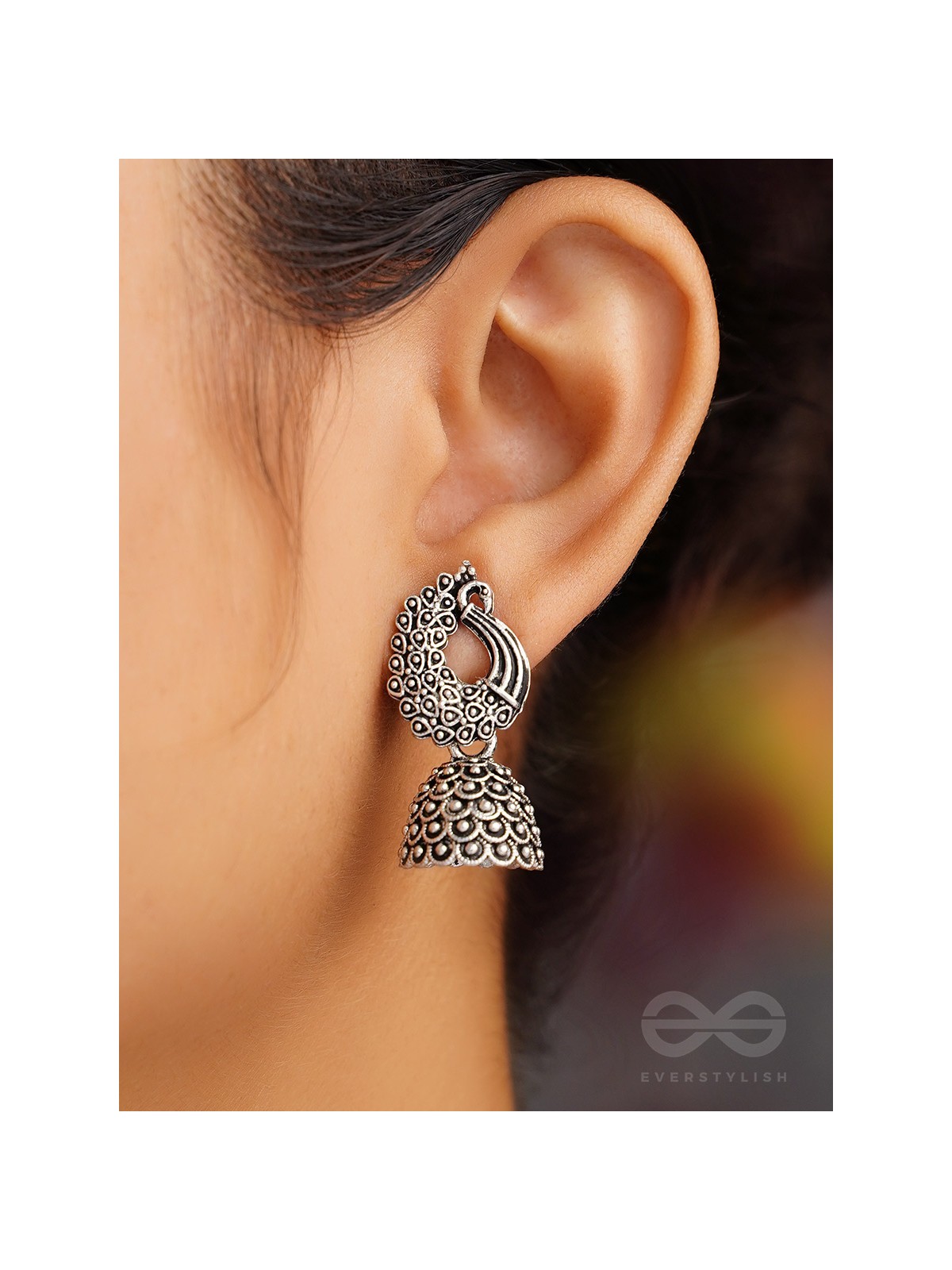 The Twirling Peacock- Oxidised Jhumka Earrings