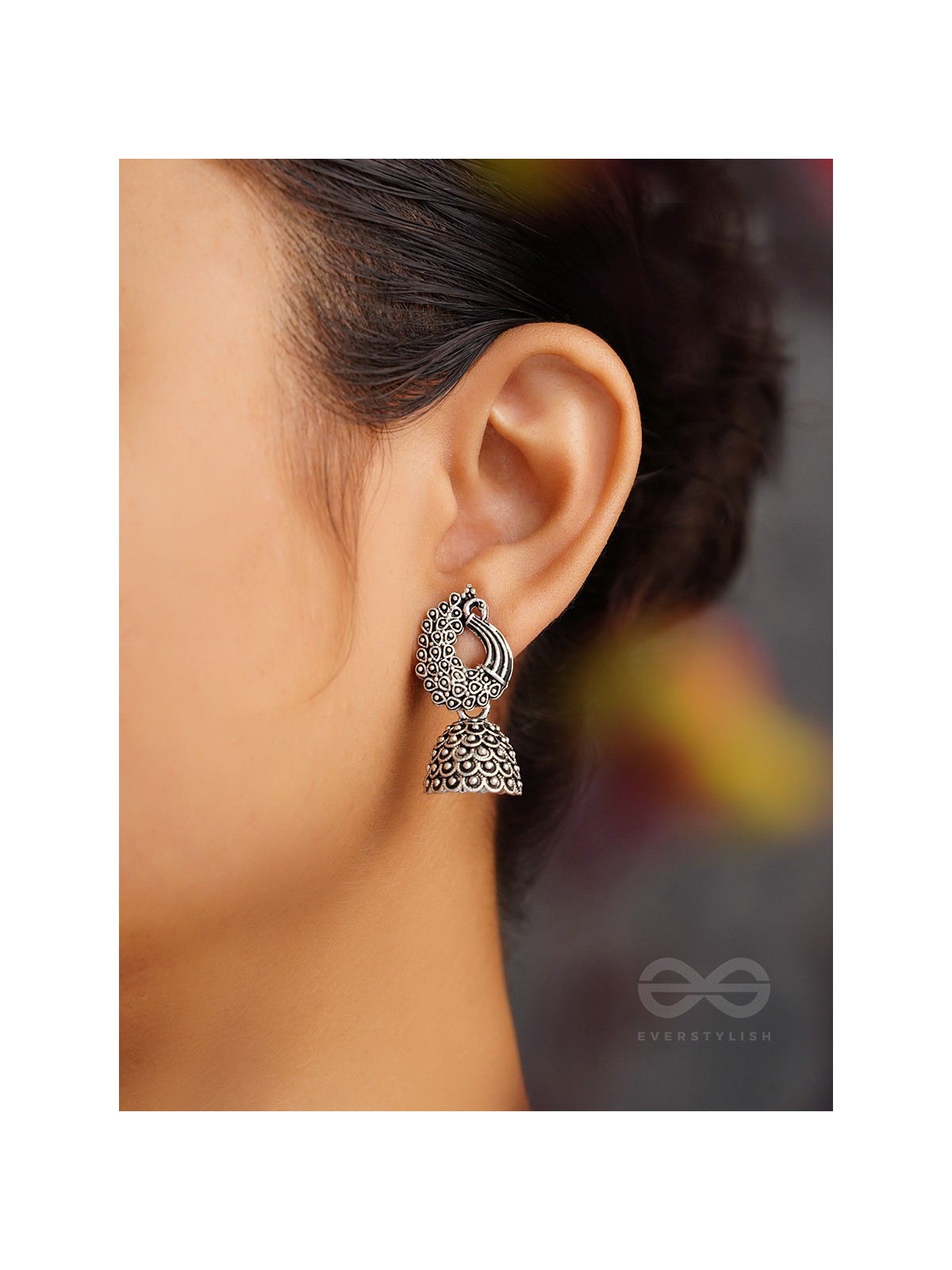 The Twirling Peacock- Oxidised Jhumka Earrings