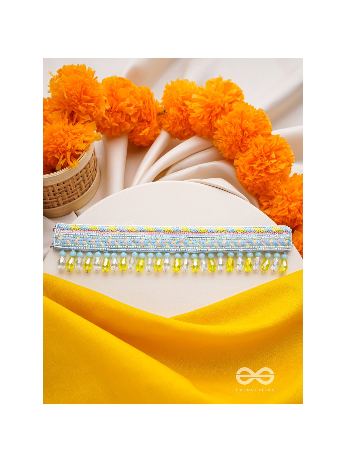 Kelih - Garden Of Sky - Resham, Cutdana And Glass Drops Hand Embroidered Choker Neckpiece