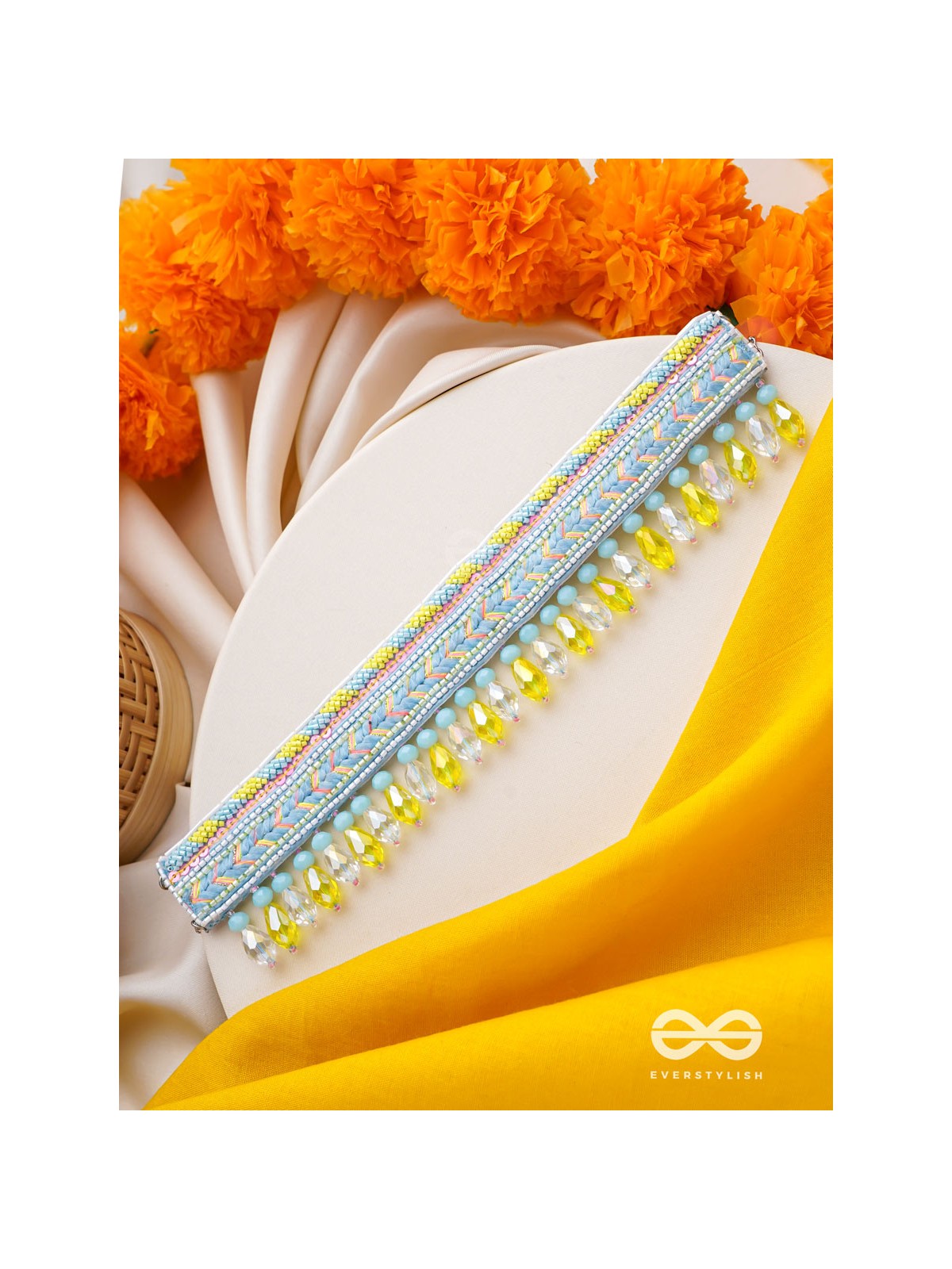 Kelih - Garden Of Sky - Resham, Cutdana And Glass Drops Hand Embroidered Choker Neckpiece