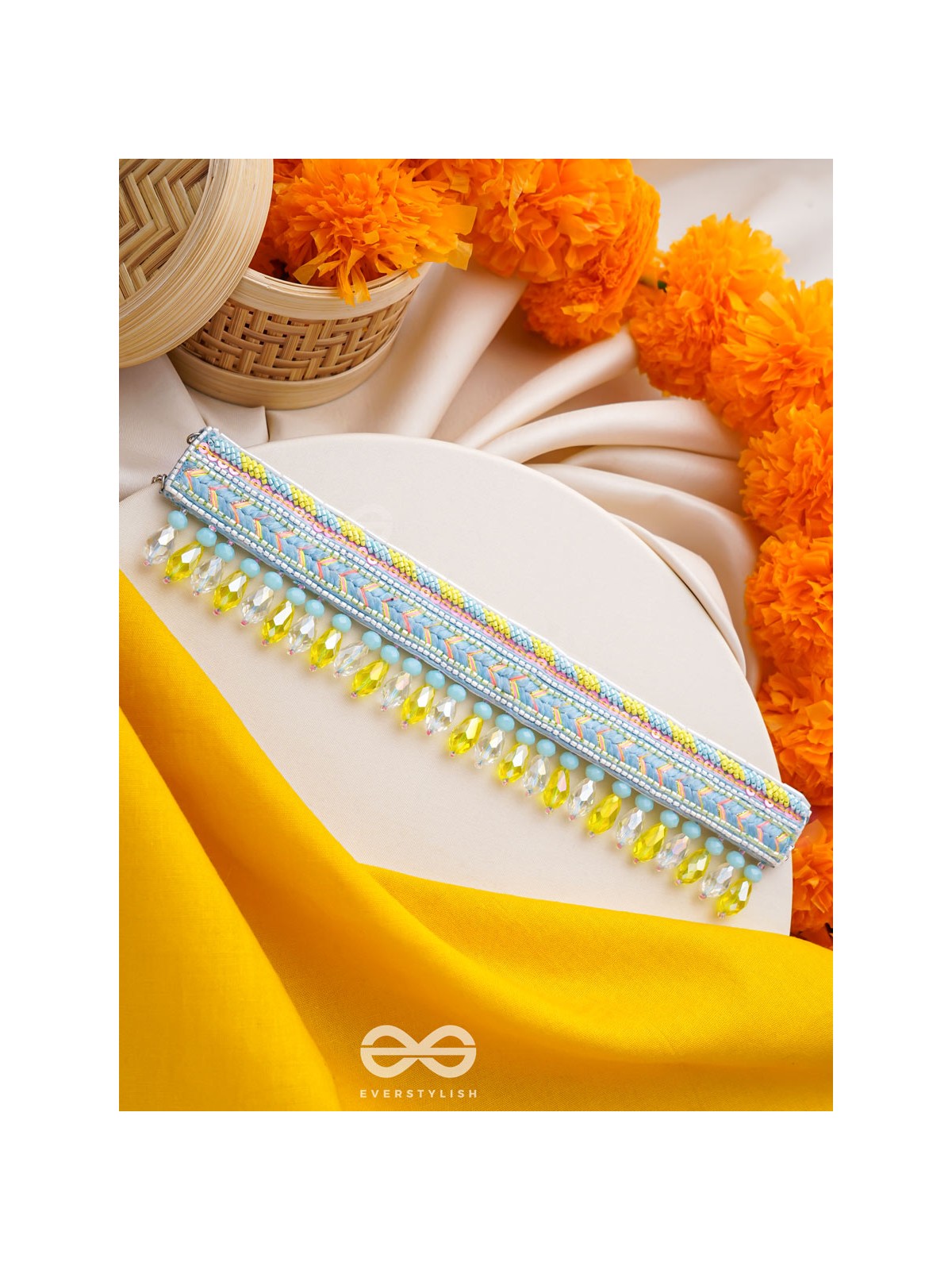 Kelih - Garden Of Sky - Resham, Cutdana And Glass Drops Hand Embroidered Choker Neckpiece