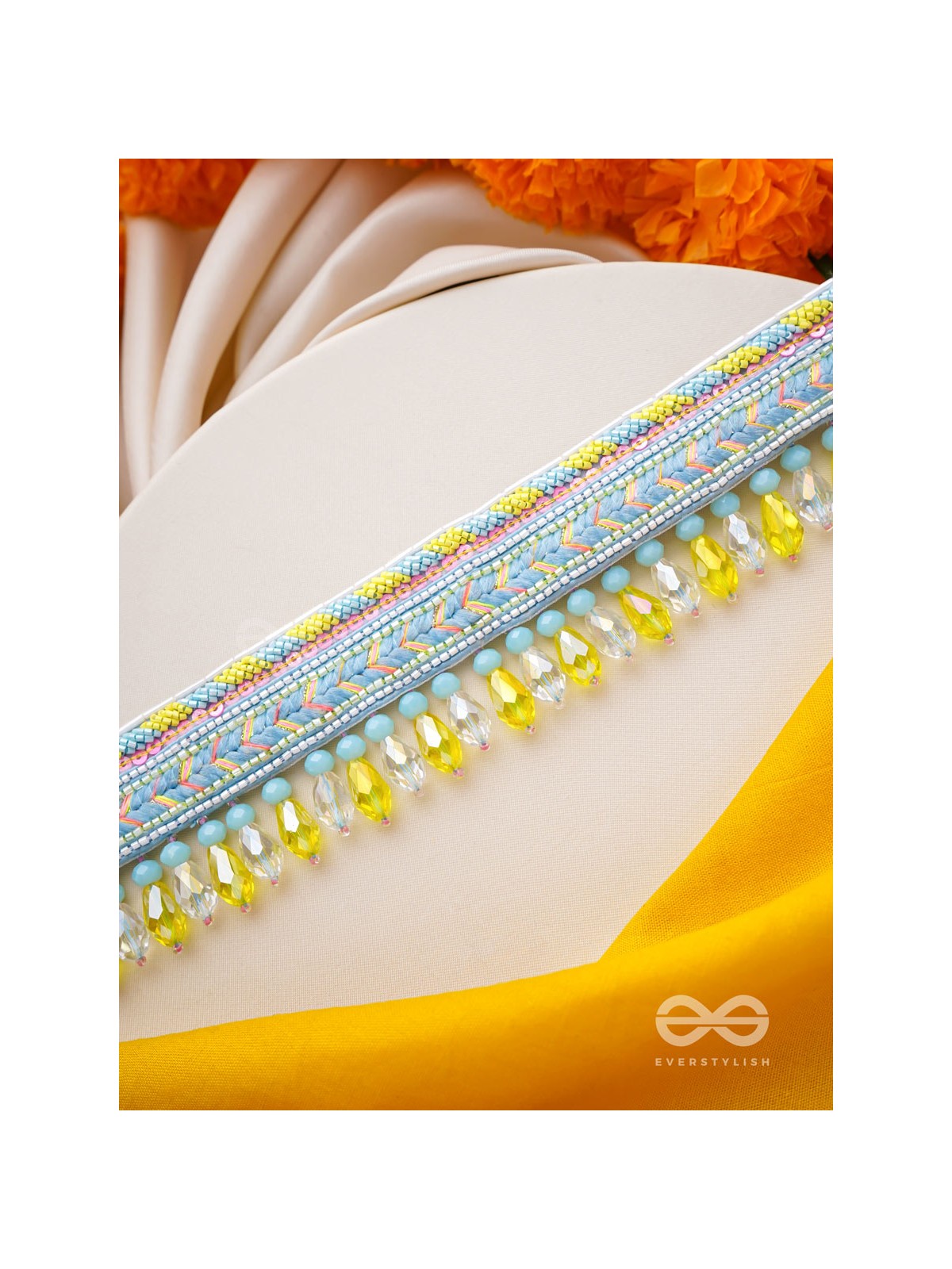 Kelih - Garden Of Sky - Resham, Cutdana And Glass Drops Hand Embroidered Choker Neckpiece