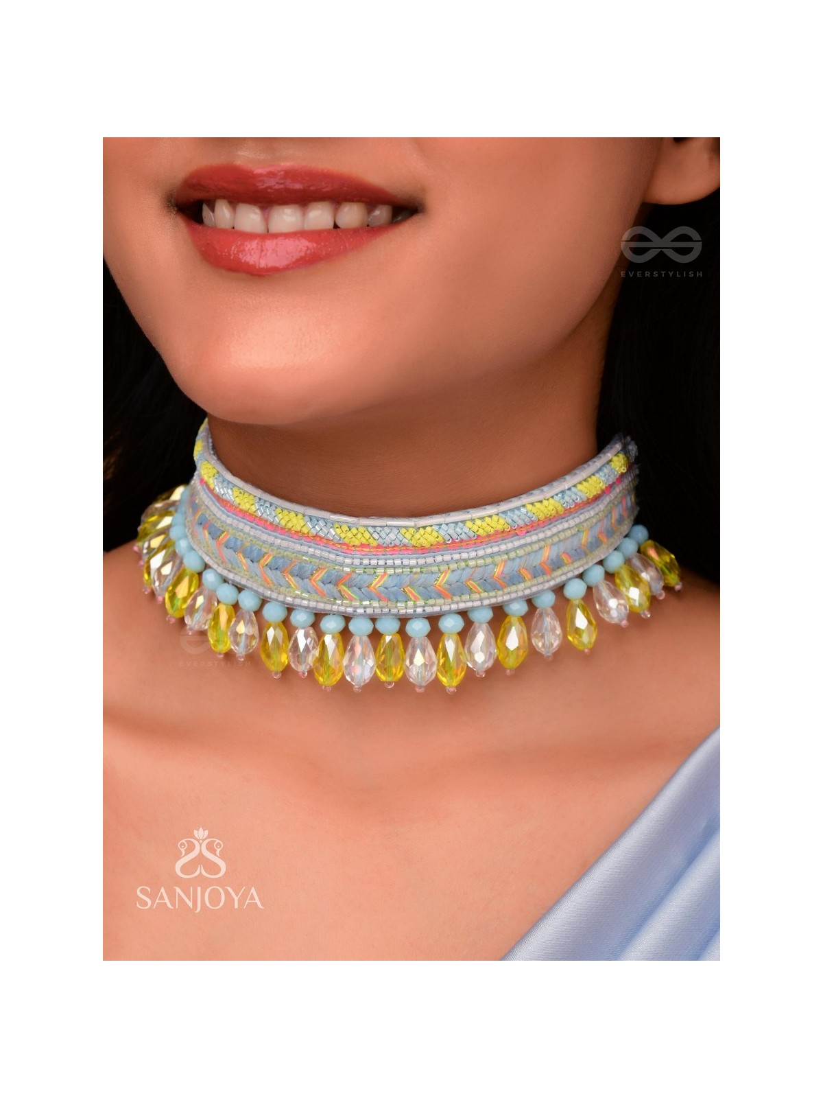 Kelih - Garden Of Sky - Resham, Cutdana And Glass Drops Hand Embroidered Choker Neckpiece