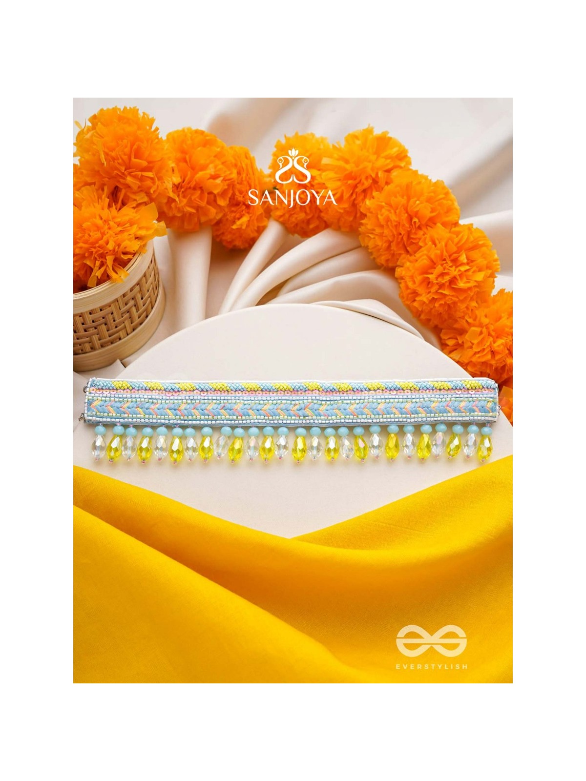 Kelih - Garden Of Sky - Resham, Cutdana And Glass Drops Hand Embroidered Choker Neckpiece