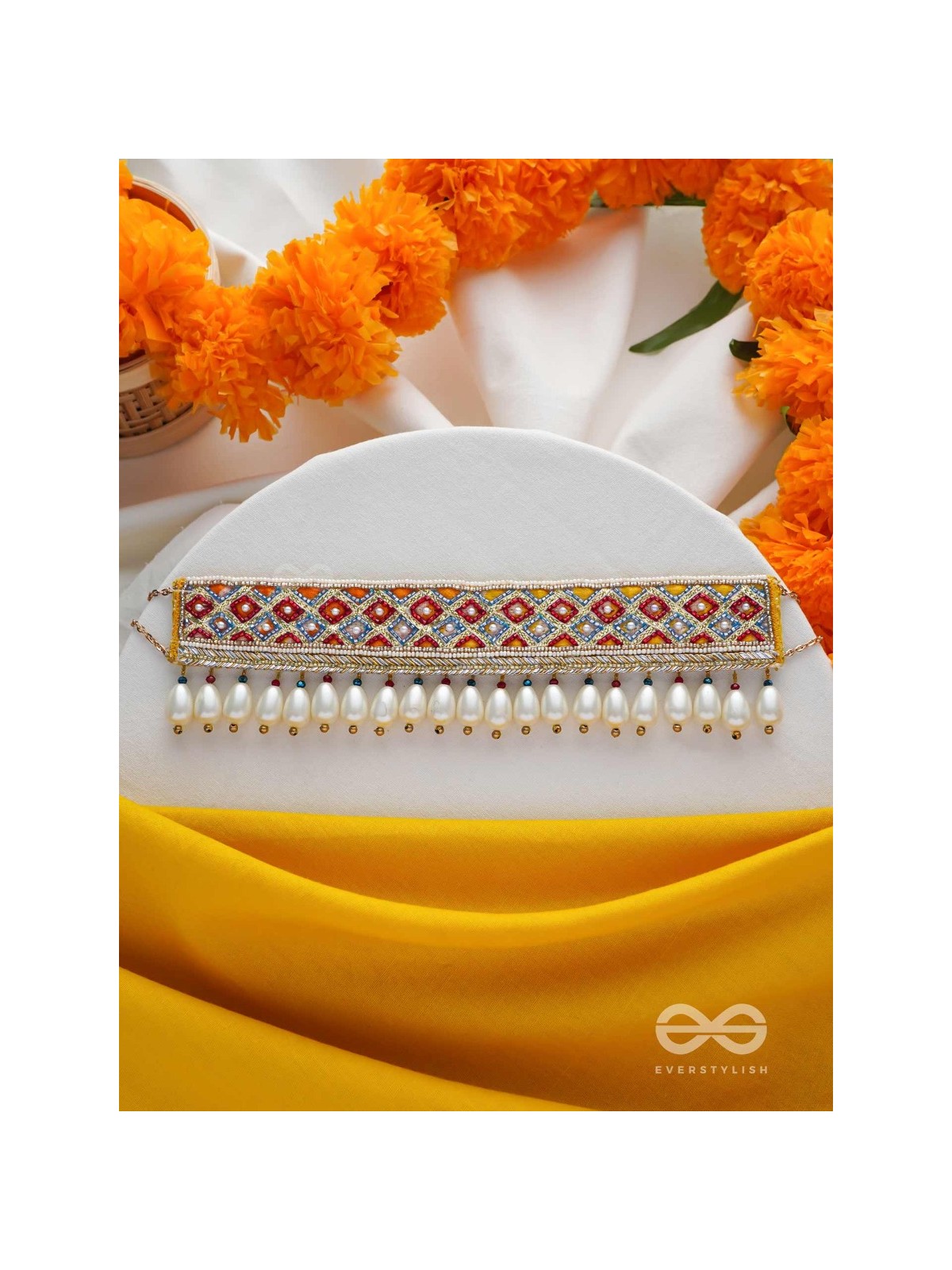 Syamika- The Magnificent Clouds- Pearls and Lace Embroidered Choker Necklace