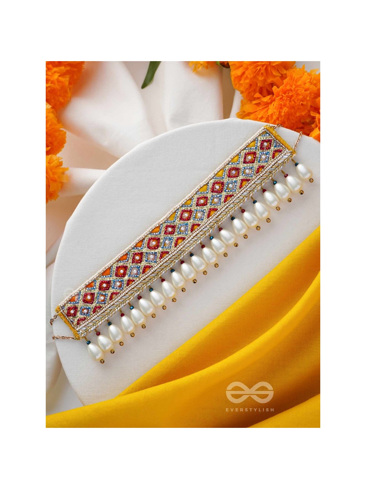 Syamika- The Magnificent Clouds- Pearls and Lace Embroidered Choker Necklace