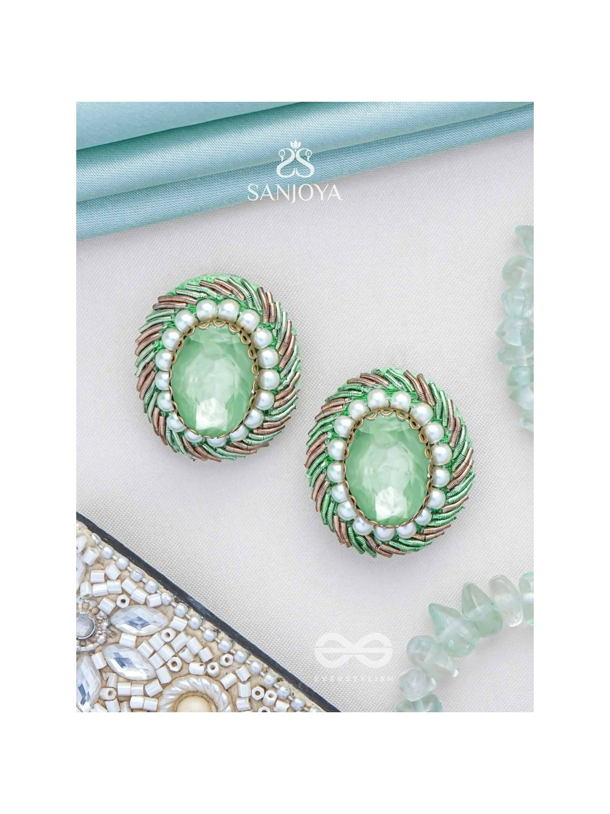 Hariparna - The Green Gem - Beads And Stones Hand Embroidered Earrings