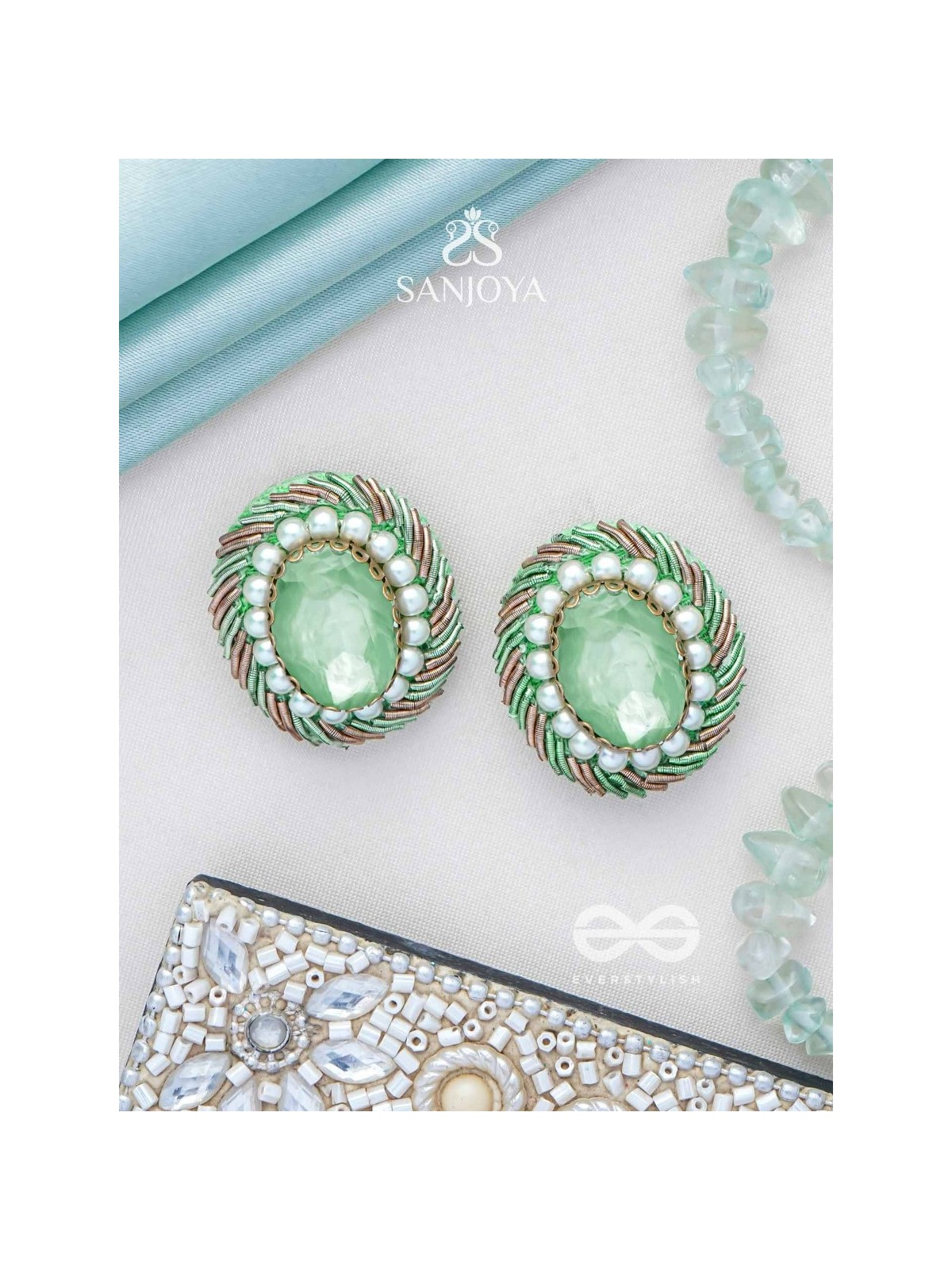 Hariparna - The Green Gem - Beads And Stones Hand Embroidered Earrings