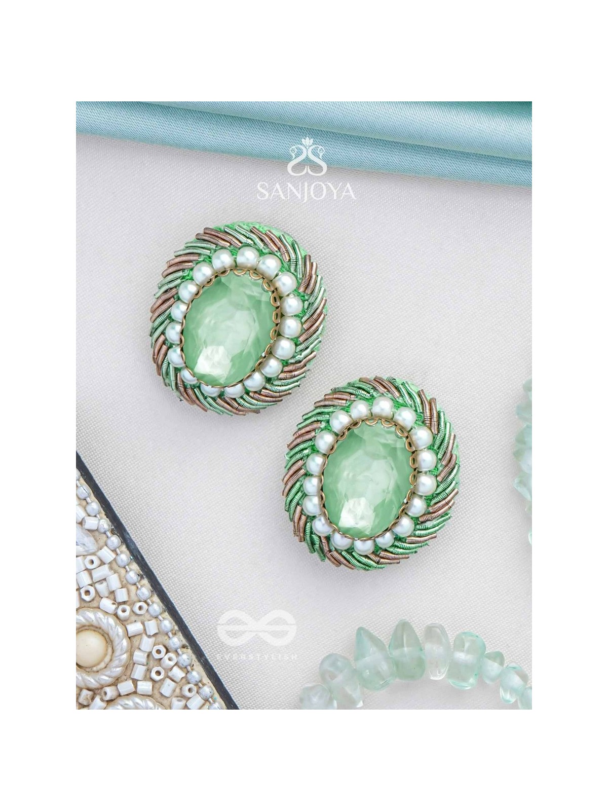 Hariparna - The Green Gem - Beads And Stones Hand Embroidered Earrings