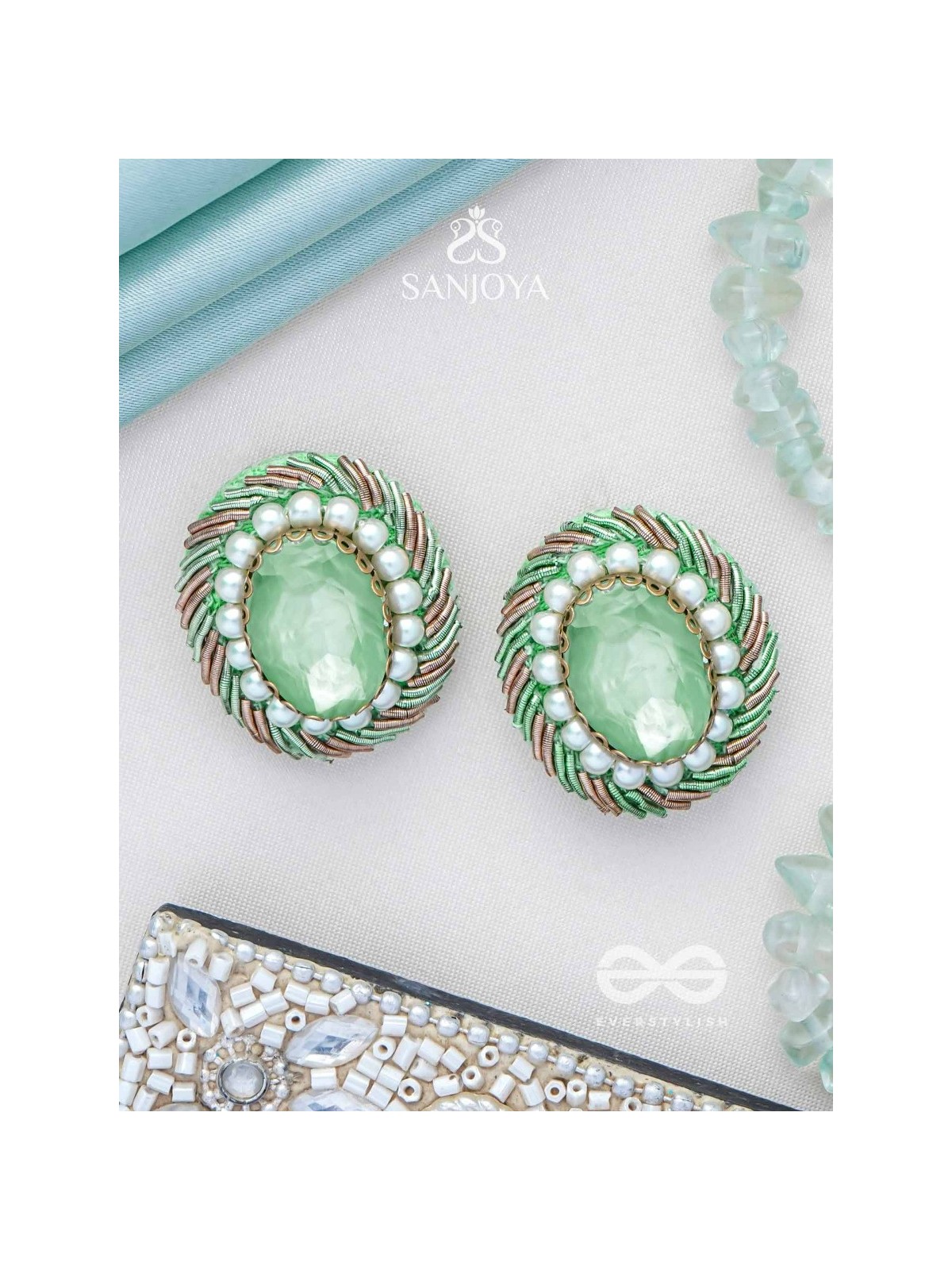 Hariparna - The Green Gem - Beads And Stones Hand Embroidered Earrings