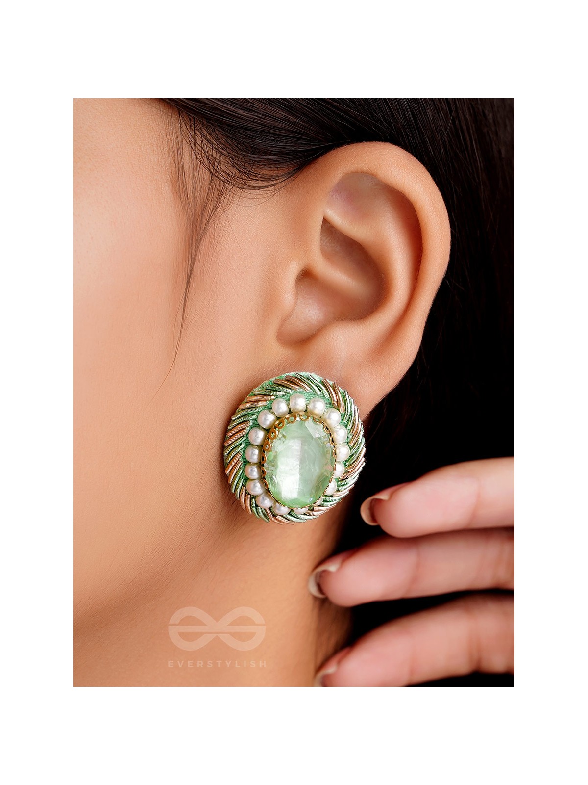 Hariparna - The Green Gem - Beads And Stones Hand Embroidered Earrings