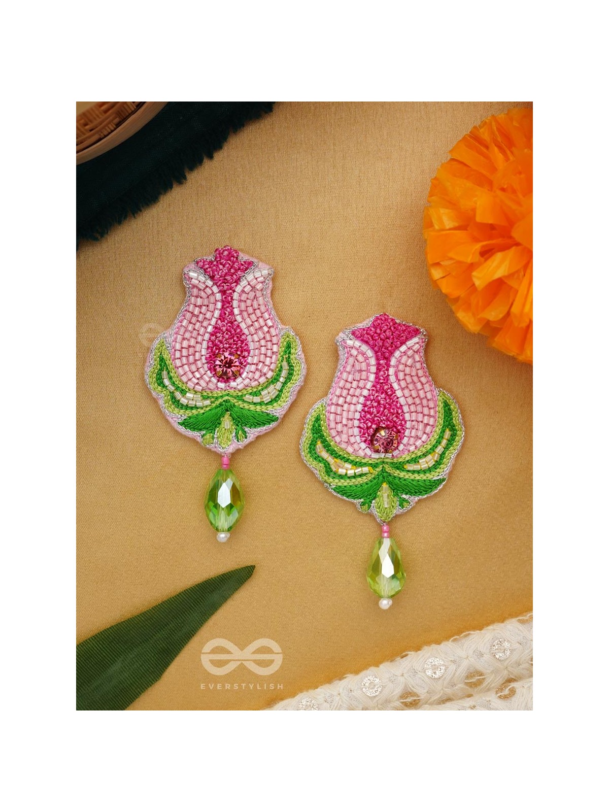 Ambuda- The Lotus Bud- Resham and Glass Drops Embroidered Earrings