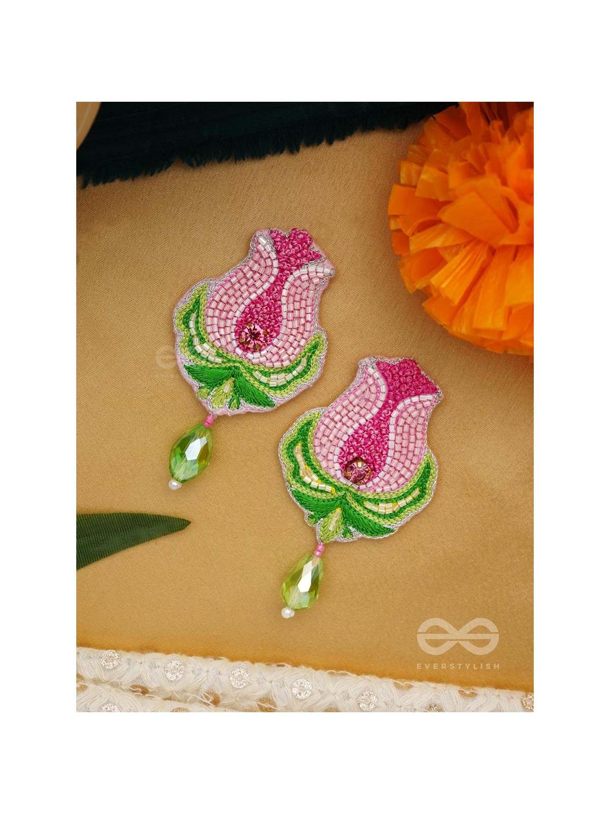 Ambuda- The Lotus Bud- Resham and Glass Drops Embroidered Earrings