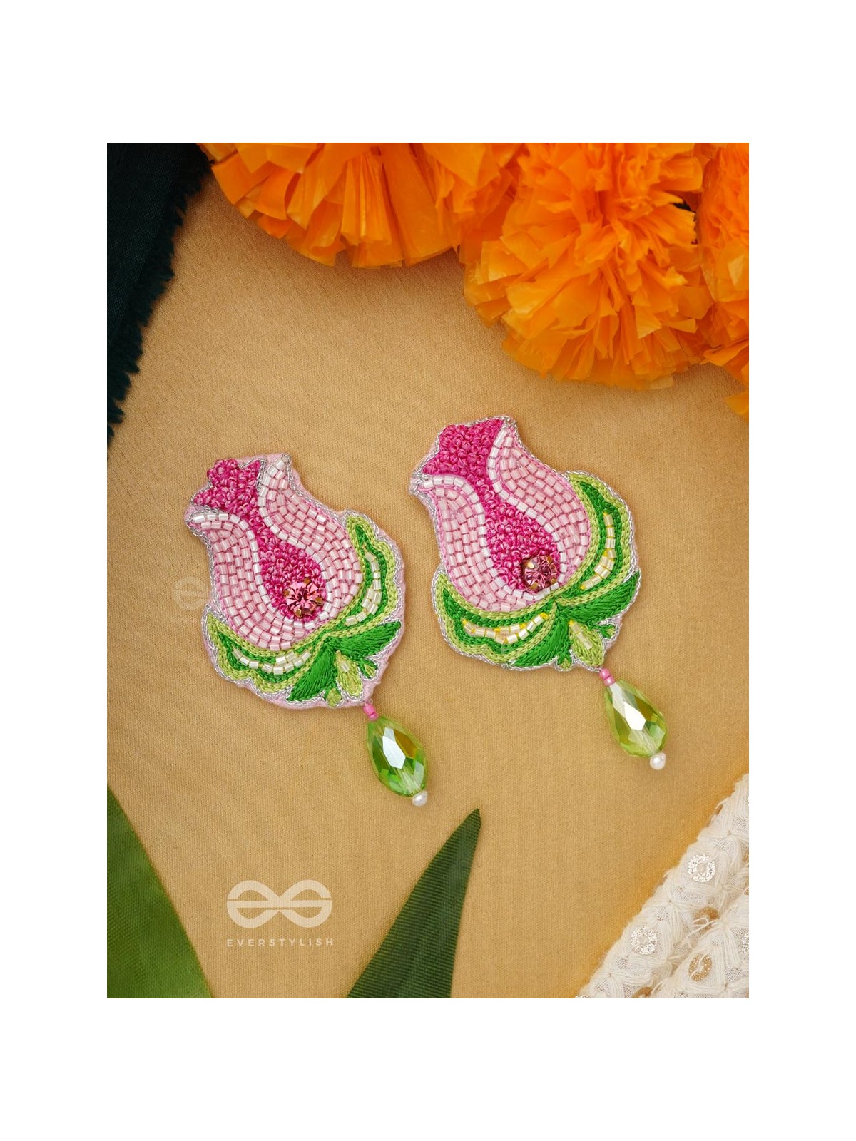 Ambuda- The Lotus Bud- Resham and Glass Drops Embroidered Earrings
