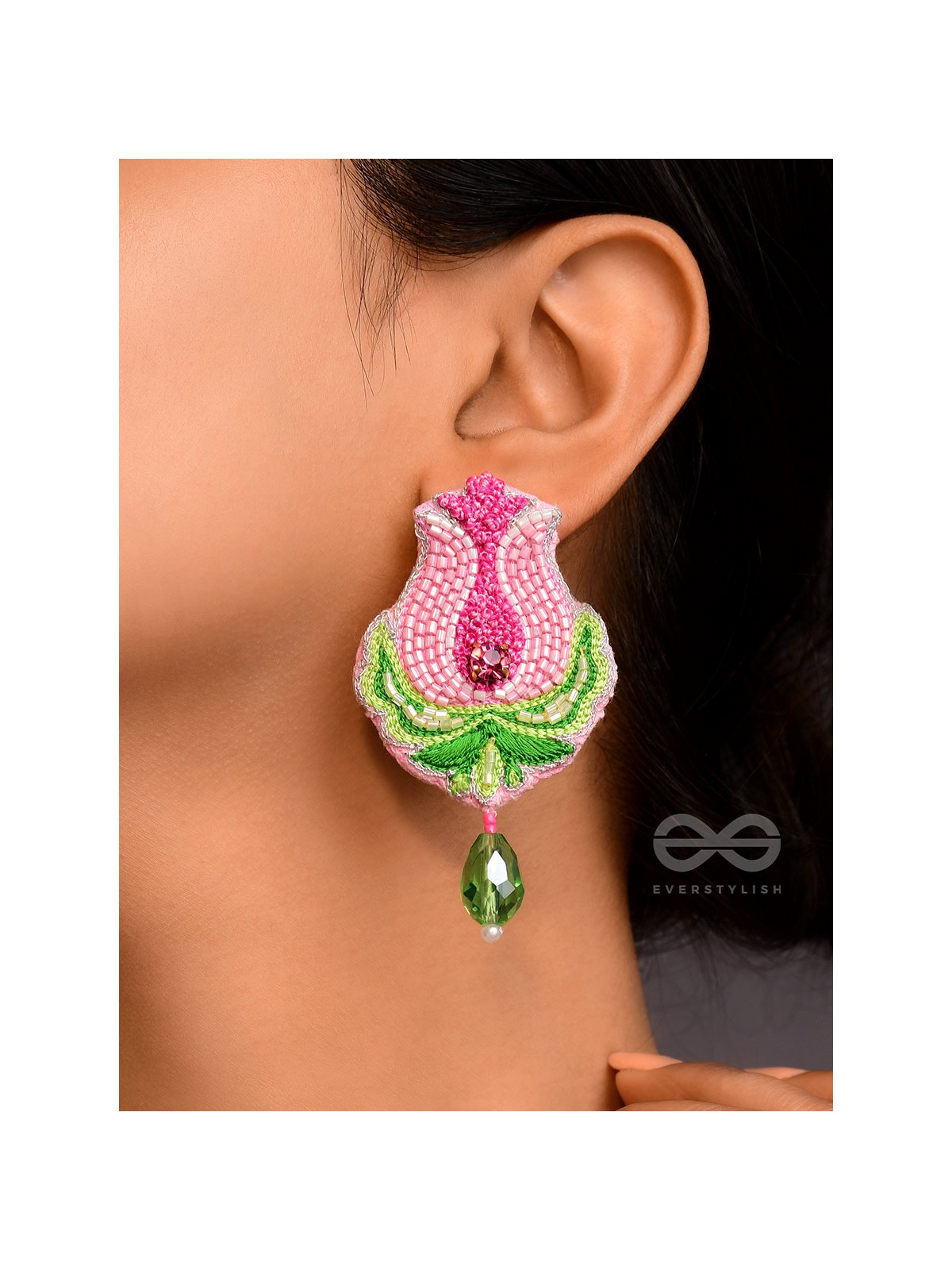 Ambuda- The Lotus Bud- Resham and Glass Drops Embroidered Earrings