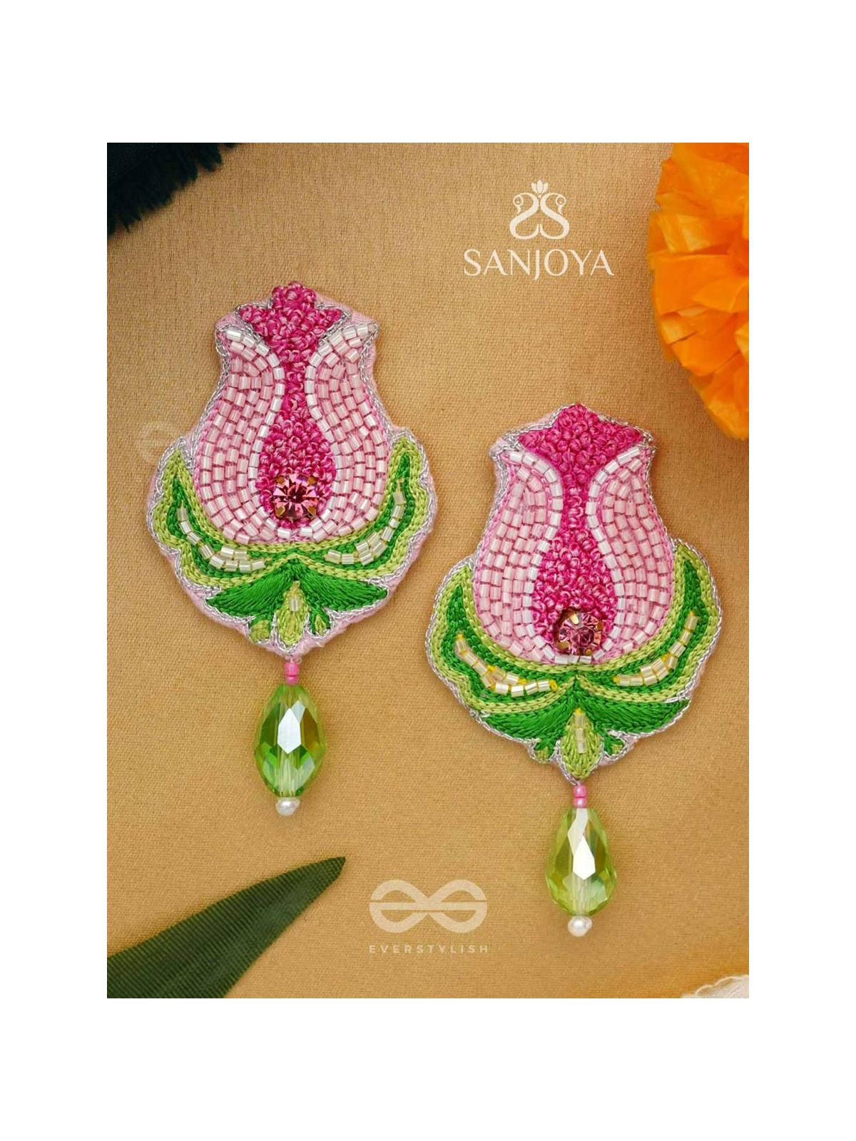 Ambuda- The Lotus Bud- Resham and Glass Drops Embroidered Earrings