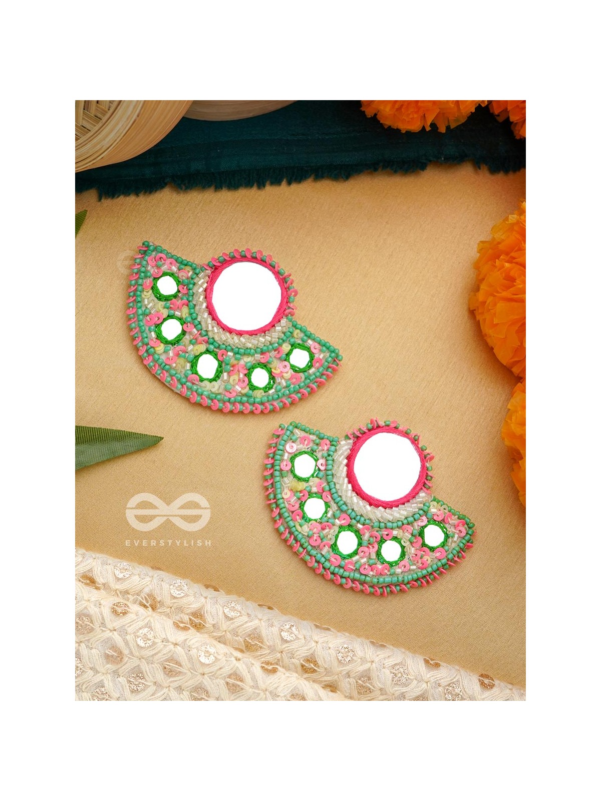 Svastamita- The Beautiful Sunset- Mirror and Resham Embroidered Earrings